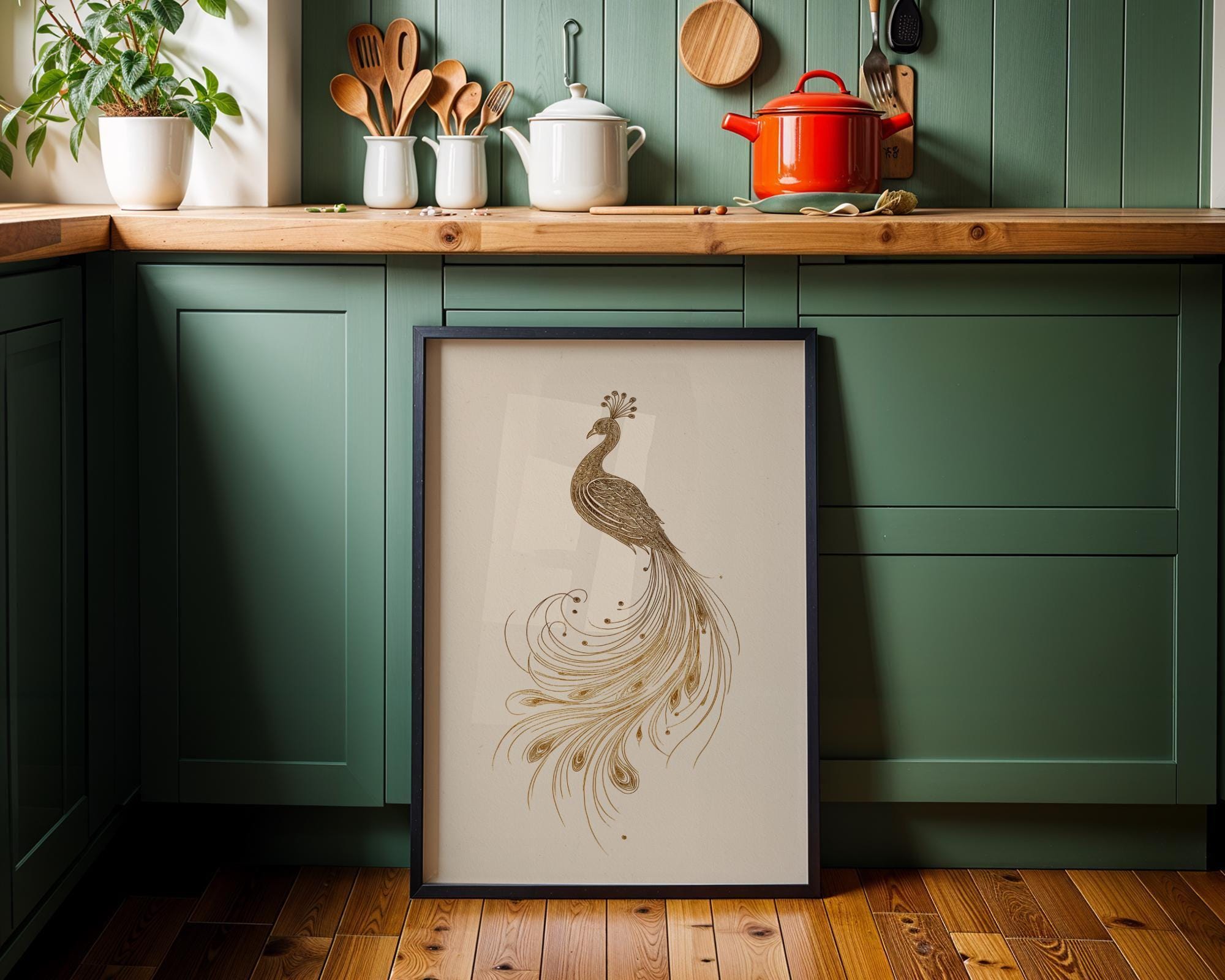 Minimalist Peacock Line Art Elegant Gold Bird Wall Art by The Wall Art Studio - physical
