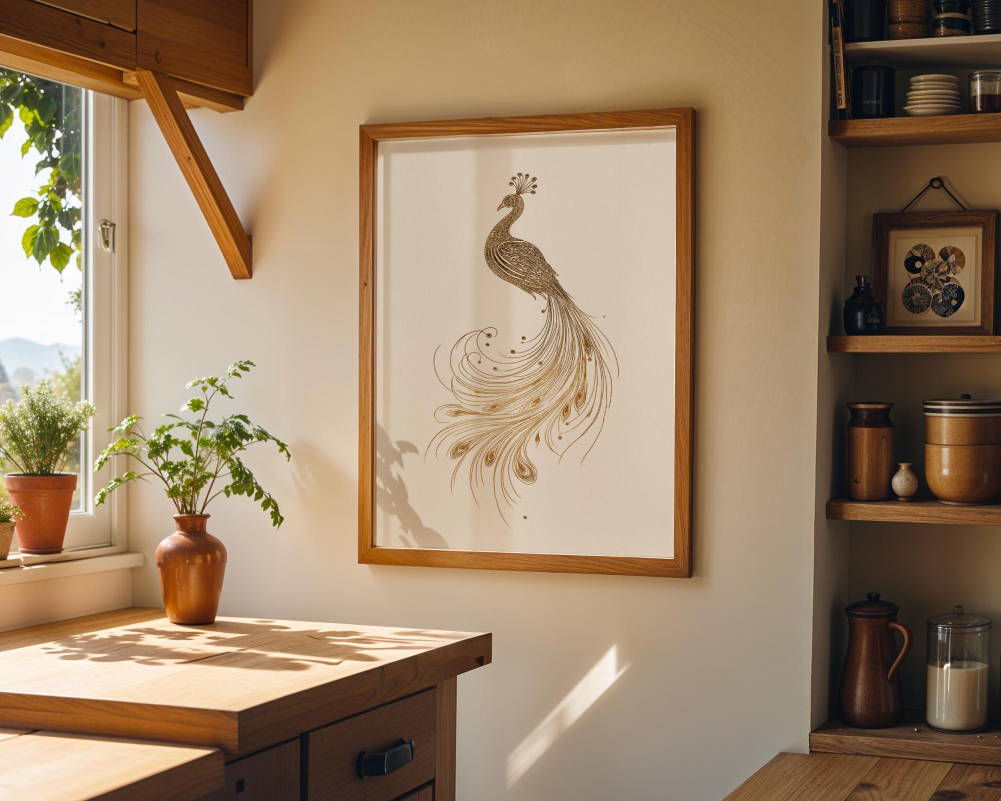 Minimalist Peacock Line Art Elegant Gold Bird Wall Art by The Wall Art Studio - physical