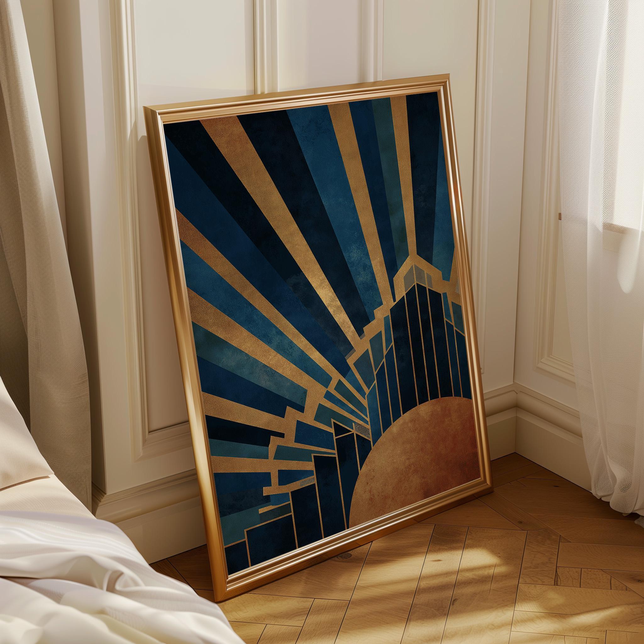 Navy & Gold Art Deco Sunburst Geometric Wall Art by The Wall Art Studio