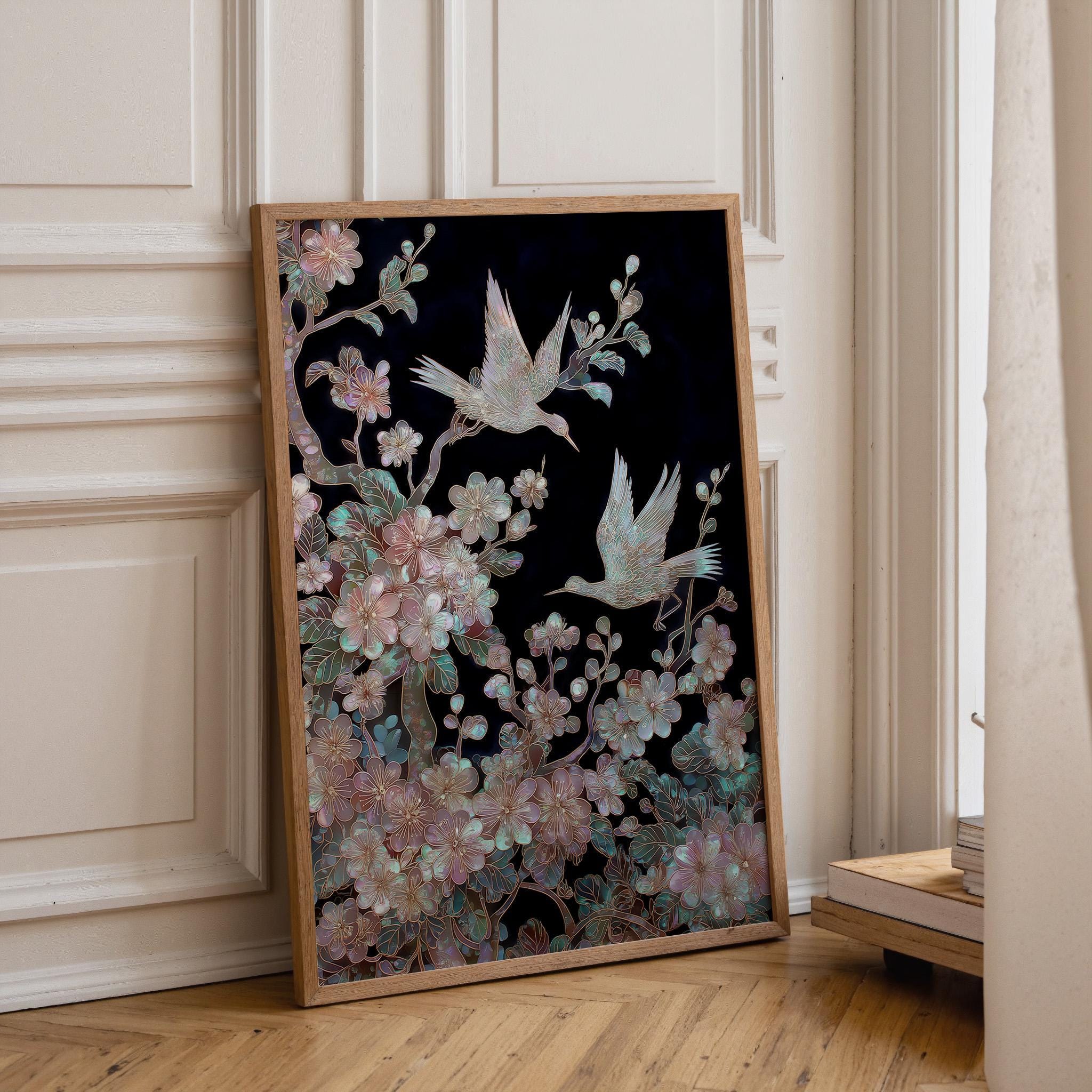 Japanese Crane Cherry Blossom Elegant Oriental Mother of Pearl Style Wall Art
