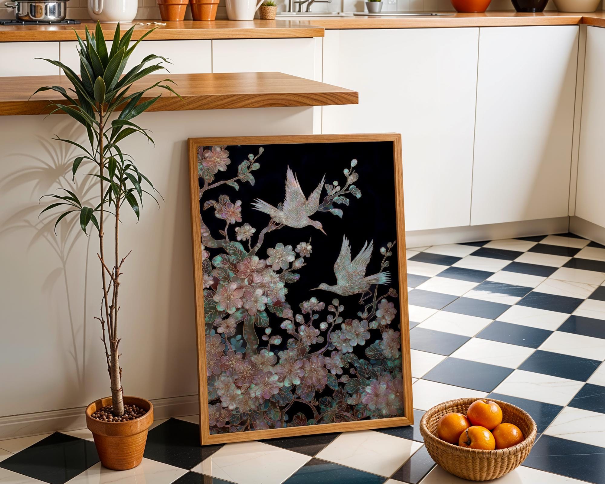 Japanese Crane Cherry Blossom Elegant Oriental Mother of Pearl Style Wall Art