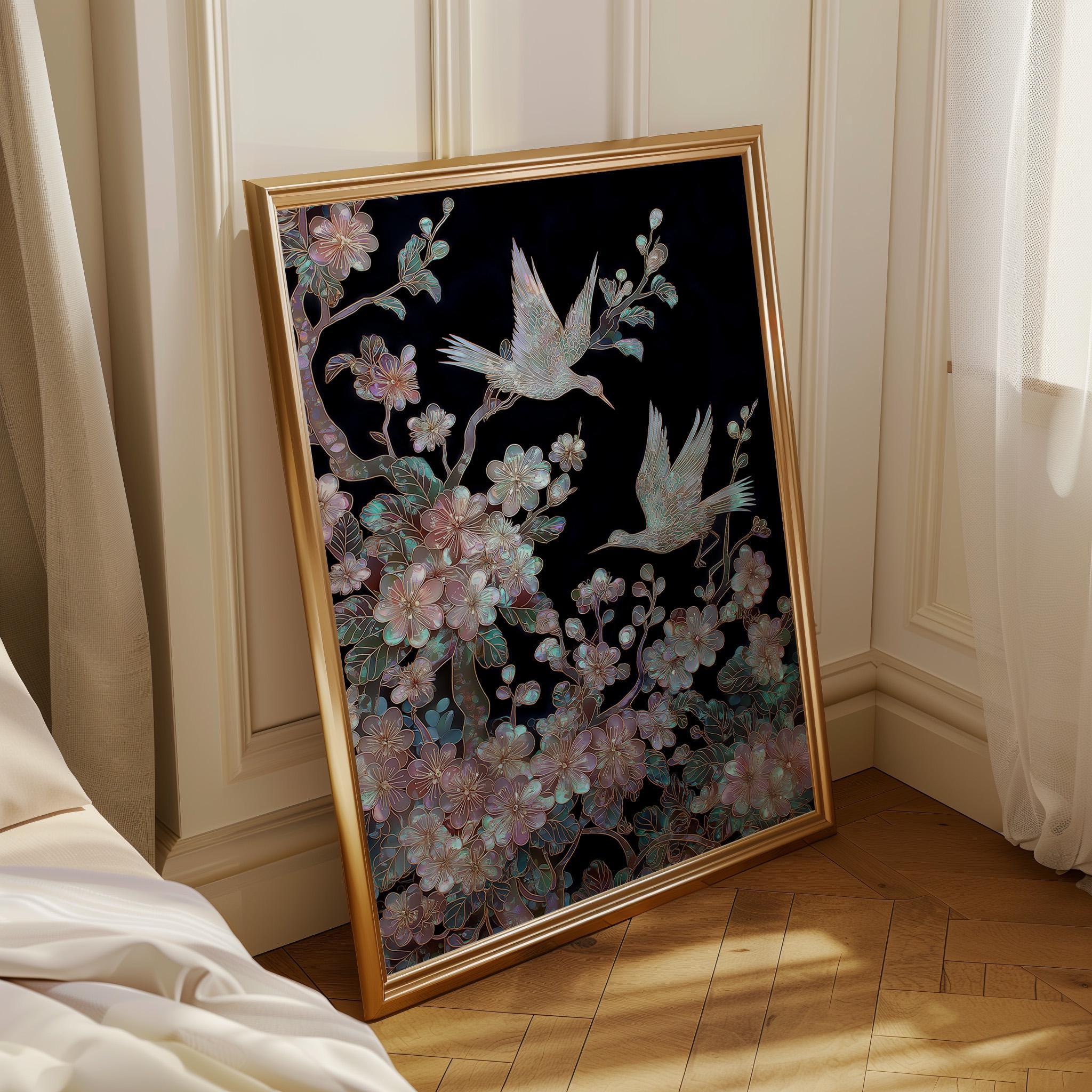 Japanese Crane Cherry Blossom Elegant Oriental Mother of Pearl Style Wall Art