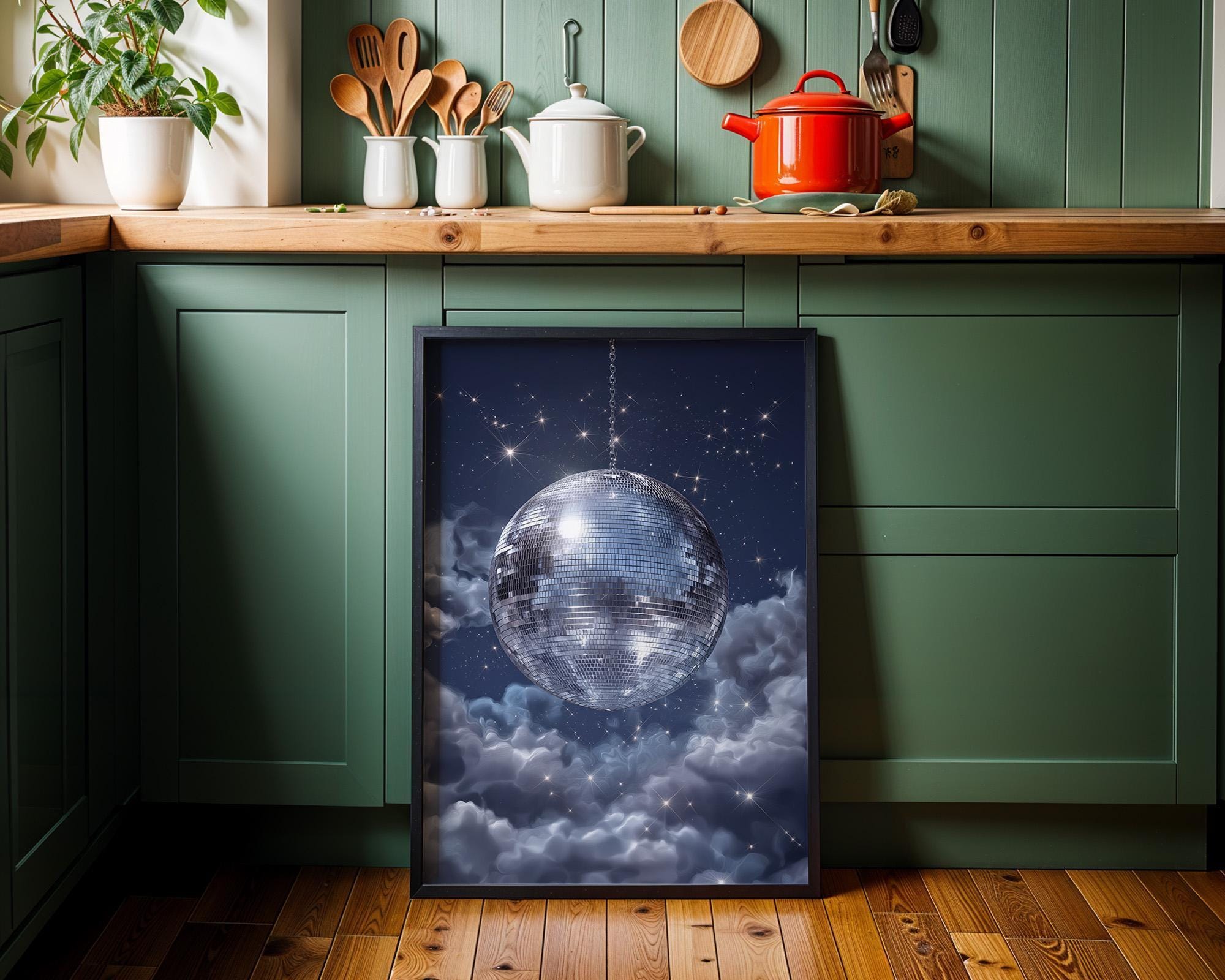 Celestial Disco Ball Midnight Sky Retro Blue Wall Art by The Wall Art Studio