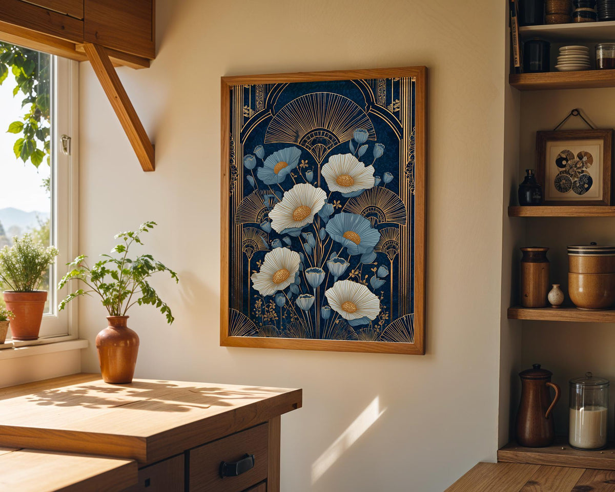 Navy Blue and Gold Art Deco Vintage Botanical Floral Wall Art by The Wall Art Studio
