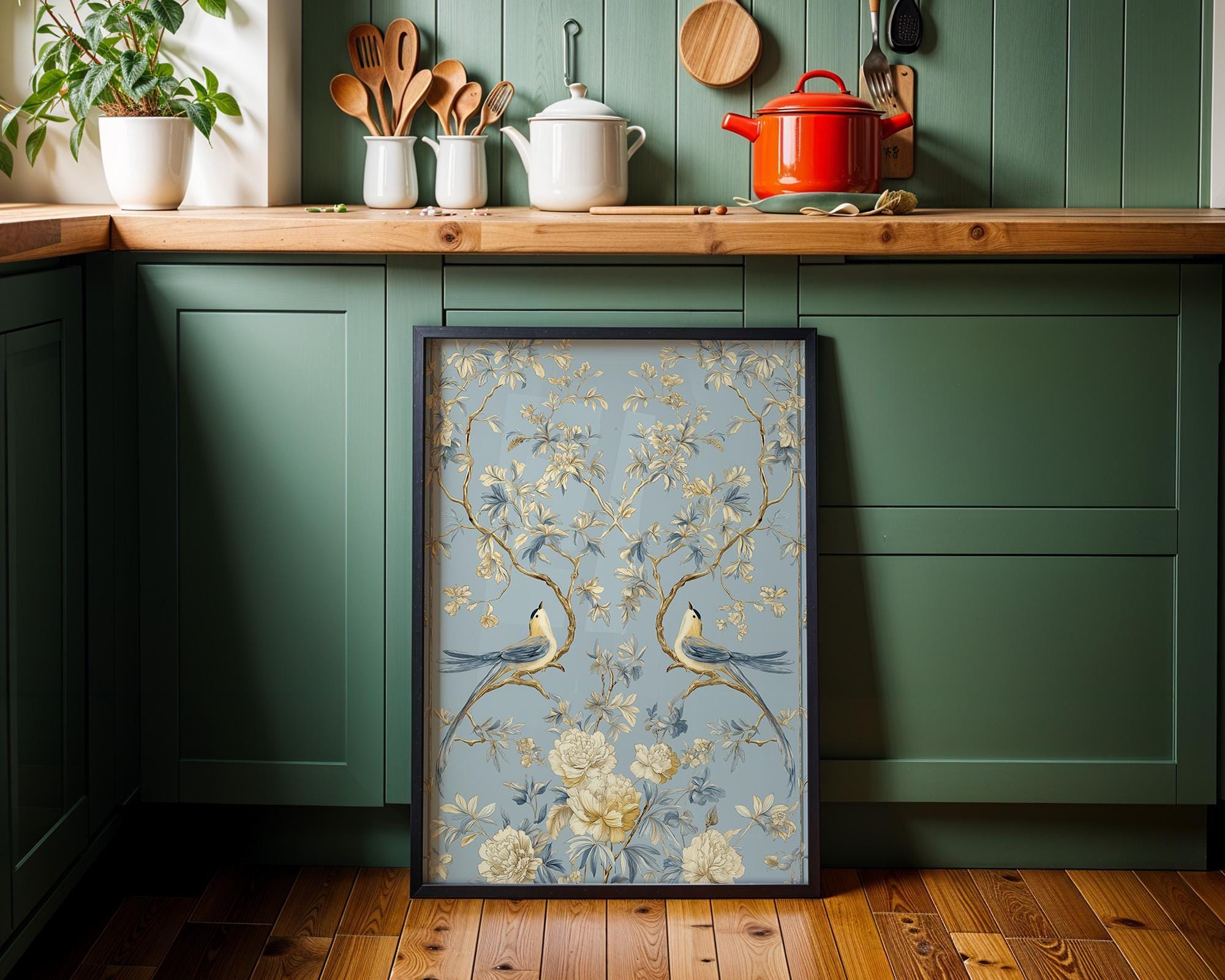 Chinoiserie Bird Blue & Gold Floral Asian Inspired Wall Art by The Wall Art Studio - physical