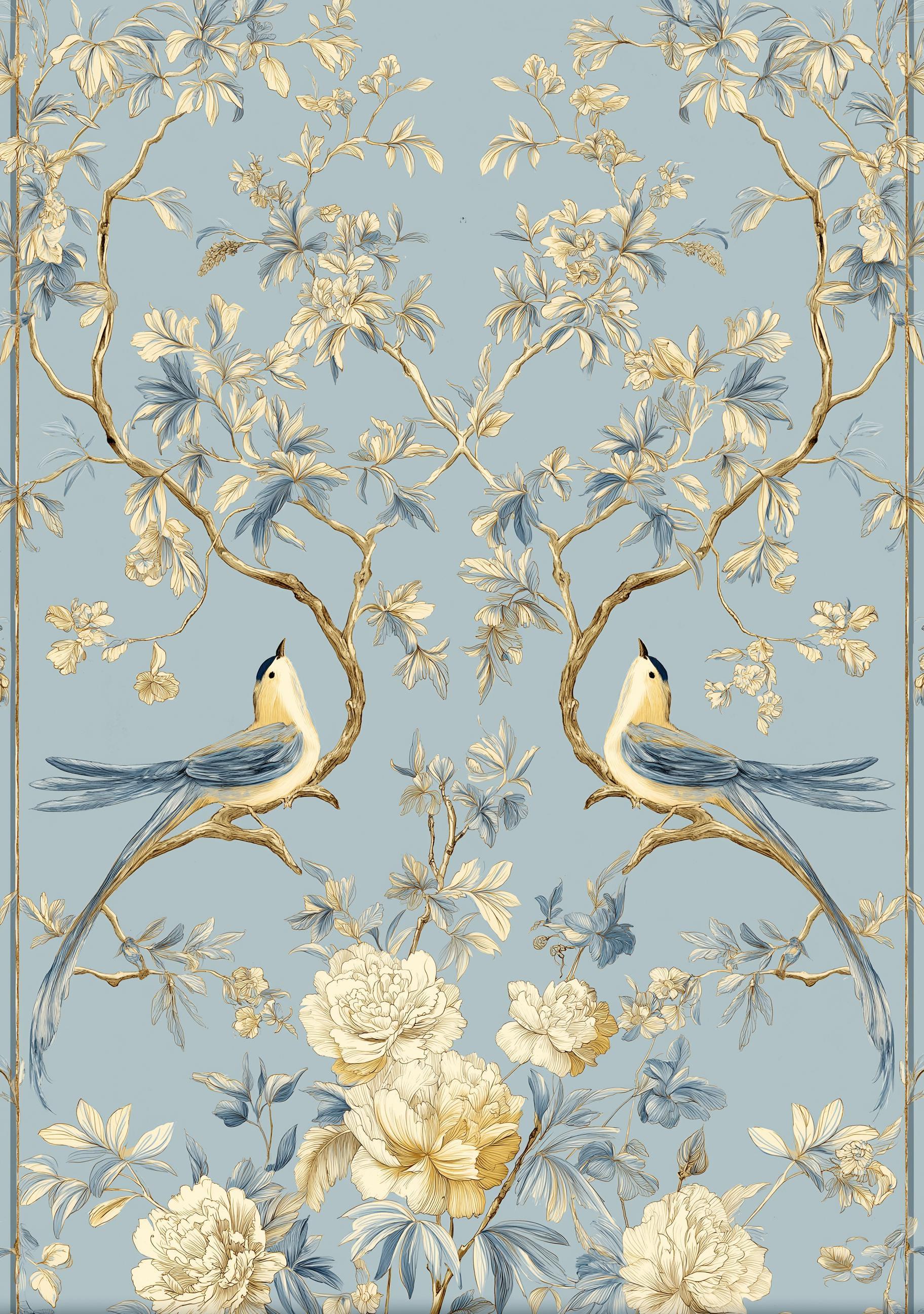 Chinoiserie Bird Blue & Gold Floral Asian Inspired Wall Art by The Wall Art Studio - physical