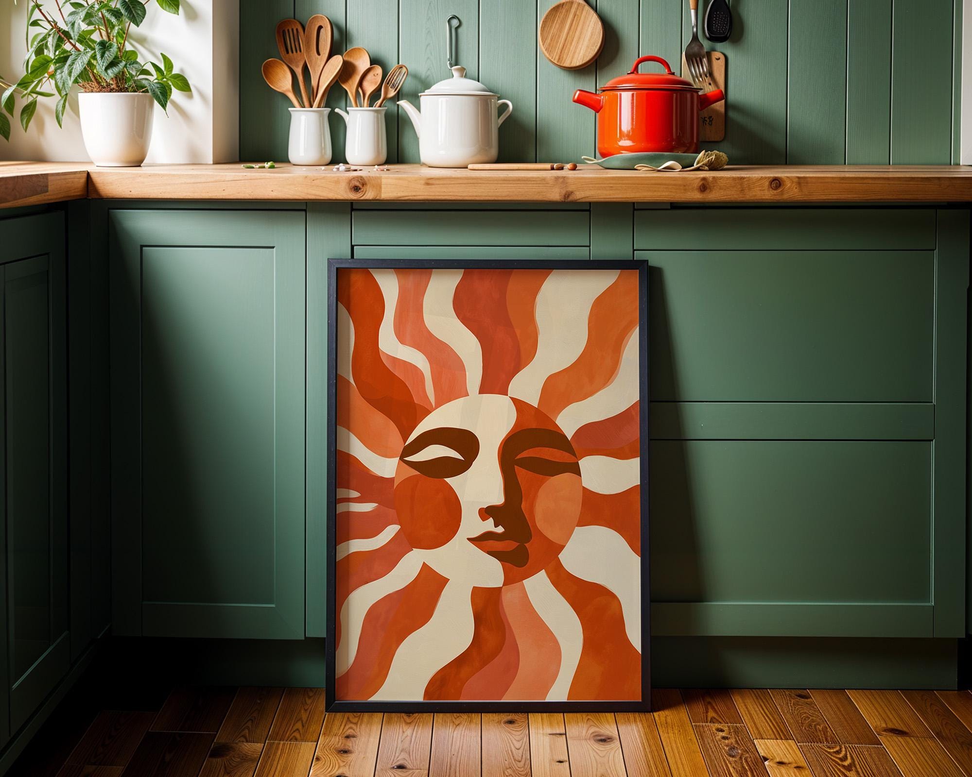 Retro Sun Face Boho Celestial Mid Century Modern Wall Art by The Wall Art Studio