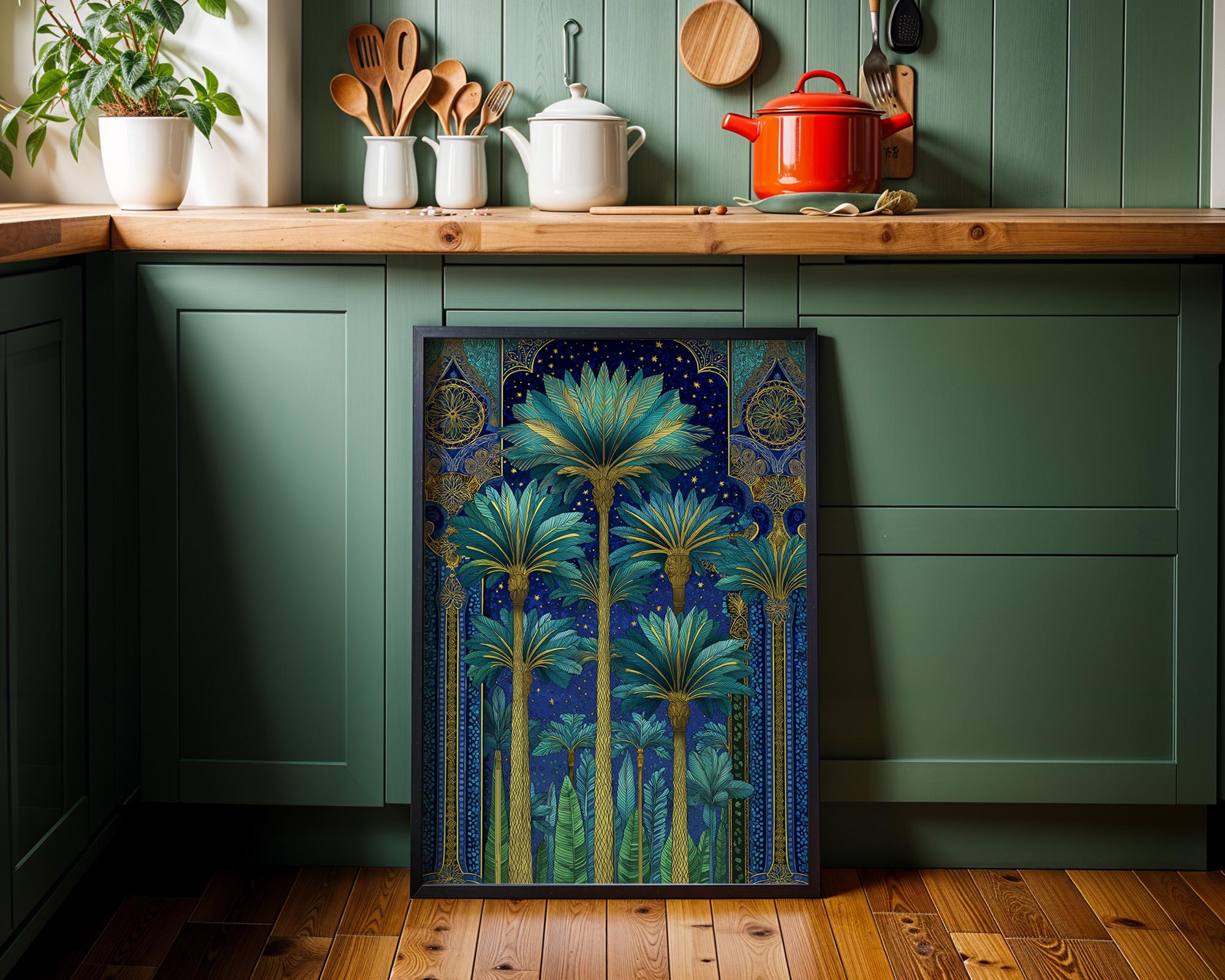 Islamic Palm Tree Blue & Gold Moroccan Night Landscape Wall Art by The Wall Art Studio
