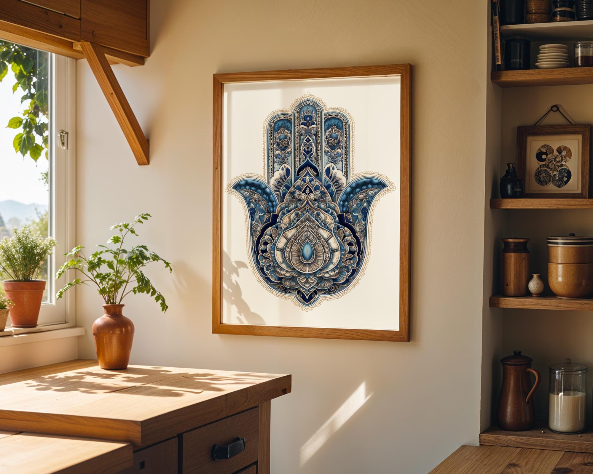 Intricate Blue Hamsa Jewish Home Blessing Wall Art by The Wall Art Studio