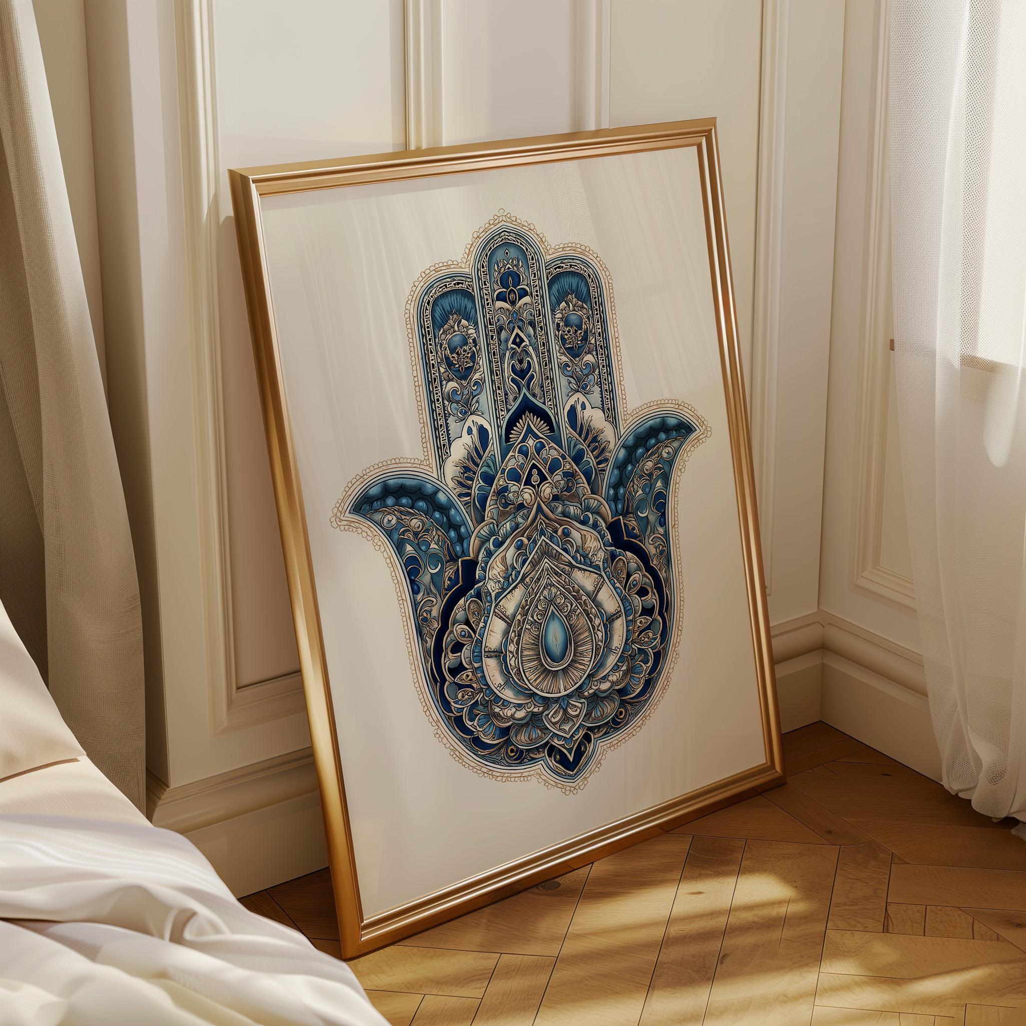 Intricate Blue Hamsa Jewish Home Blessing Wall Art by The Wall Art Studio