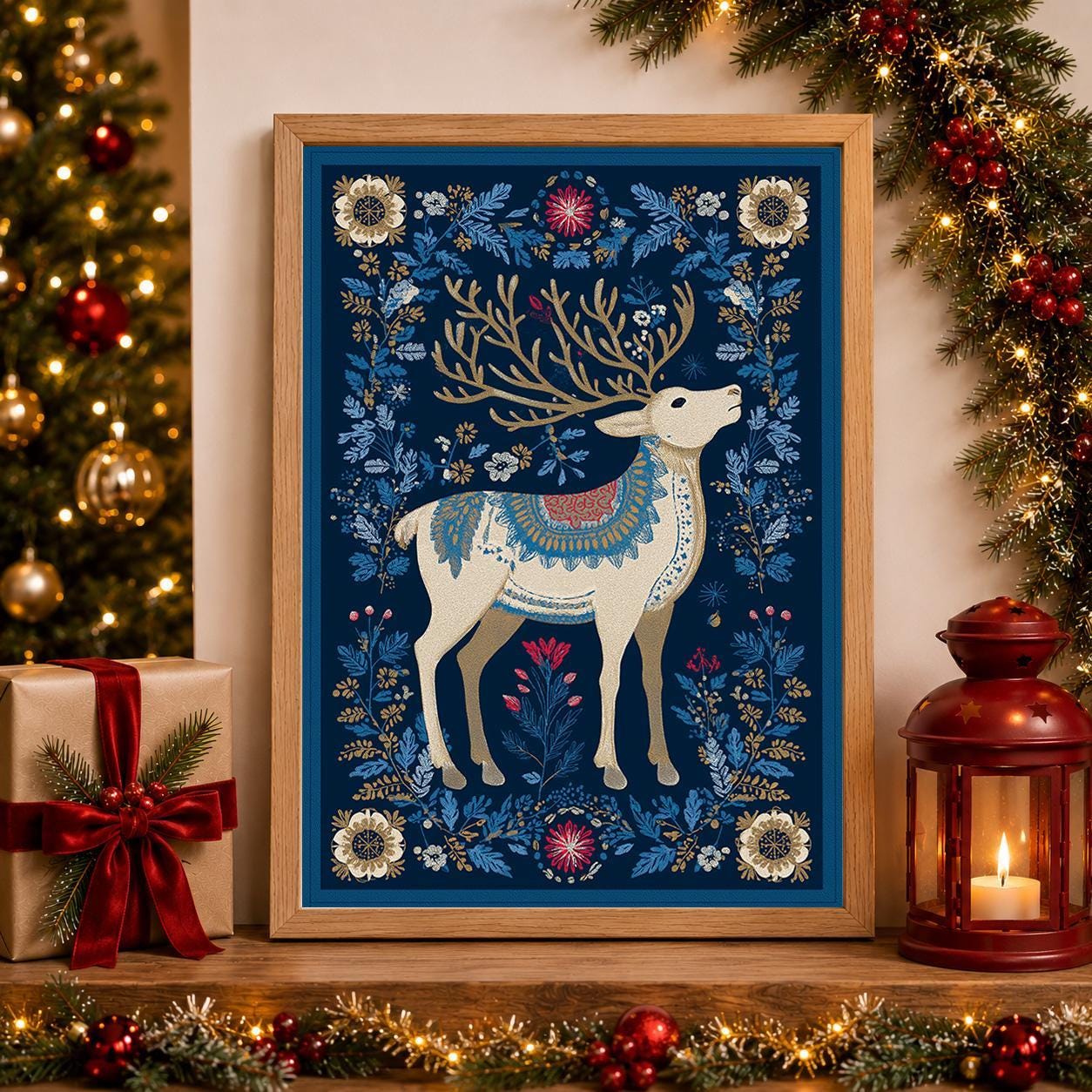 Scandinavian Christmas Nordic Reindeer Woodland Winter Wall Art by The Wall Art Studio
