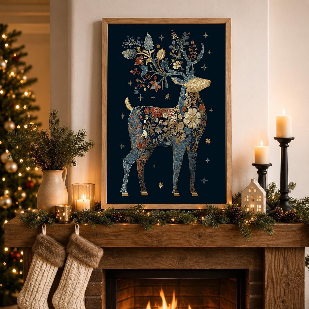 Blue & Gold Luxury Scandinavian Deer Christmas Reindeer Wall Art by The Wall Art Studio