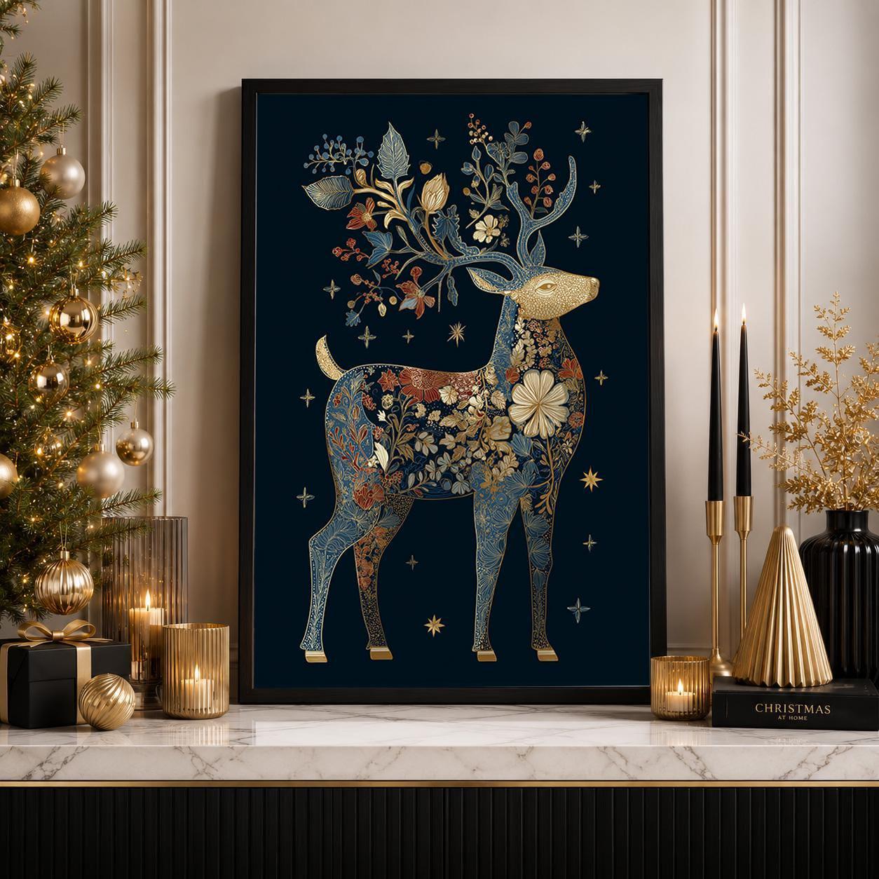 Blue & Gold Luxury Scandinavian Deer Christmas Reindeer Wall Art by The Wall Art Studio