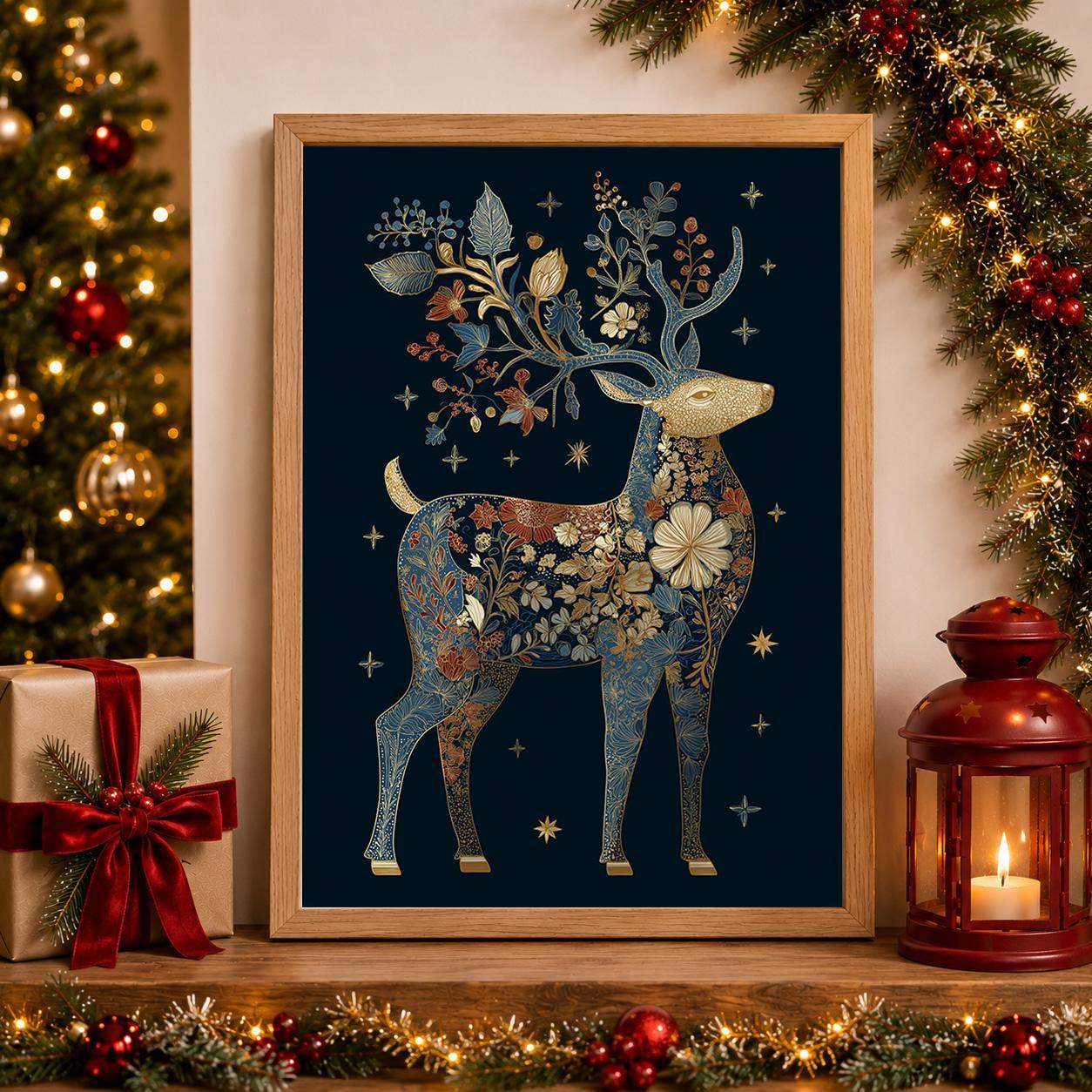 Blue & Gold Luxury Scandinavian Deer Christmas Reindeer Wall Art by The Wall Art Studio