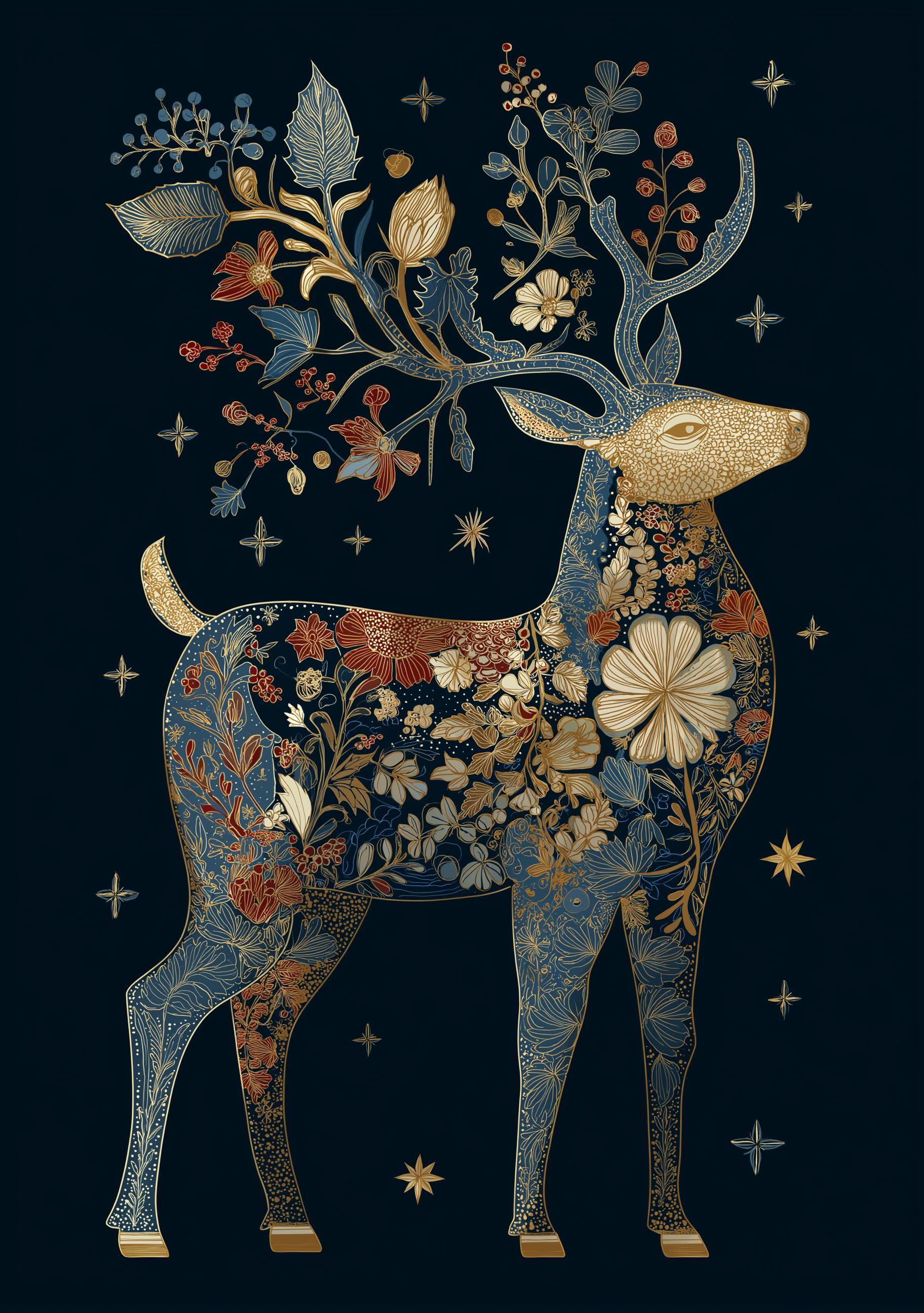 Blue & Gold Luxury Scandinavian Deer Christmas Reindeer Wall Art by The Wall Art Studio