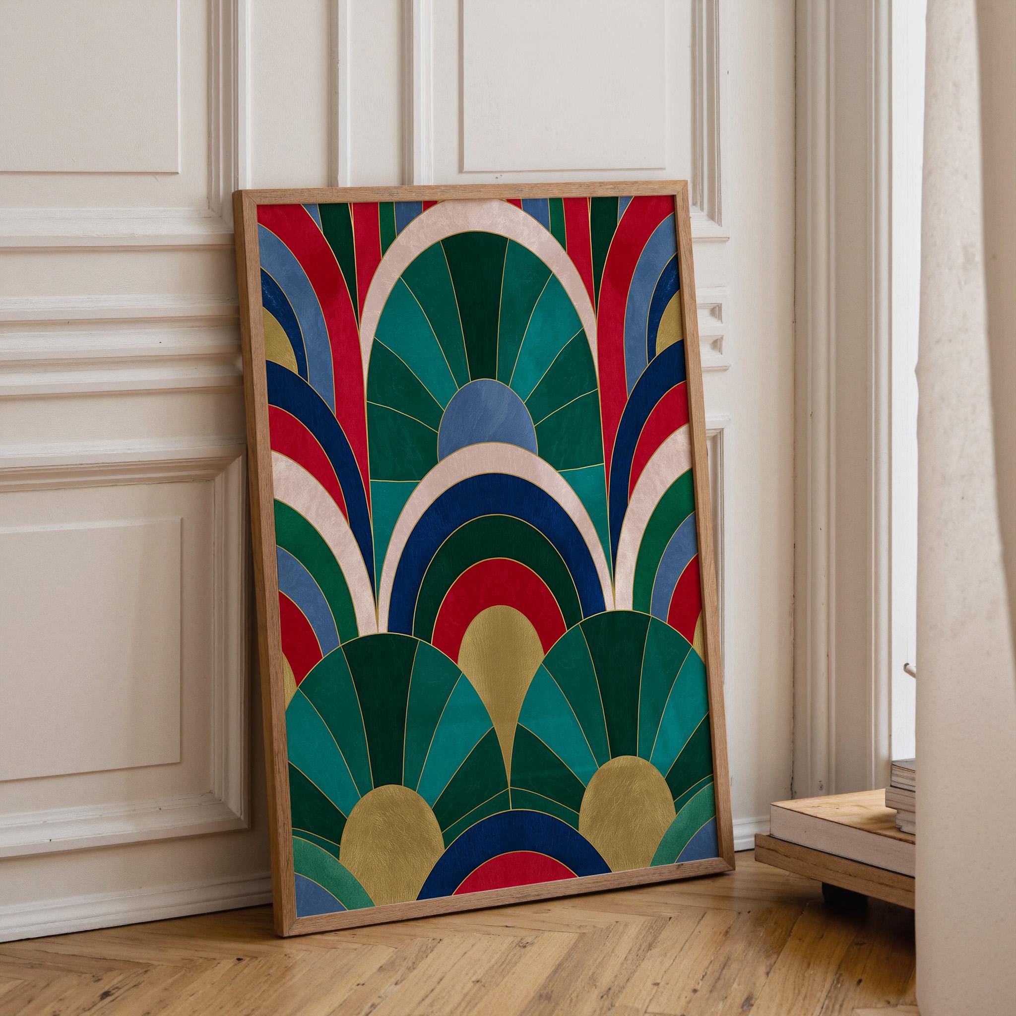 Emerald Green, Blue & Gold Abstract Art Deco Geometric Fan Wall Art by The Wall Art Studio