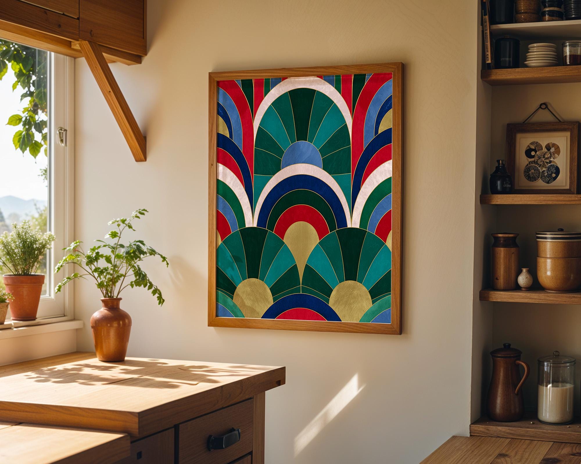 Emerald Green, Blue & Gold Abstract Art Deco Geometric Fan Wall Art by The Wall Art Studio