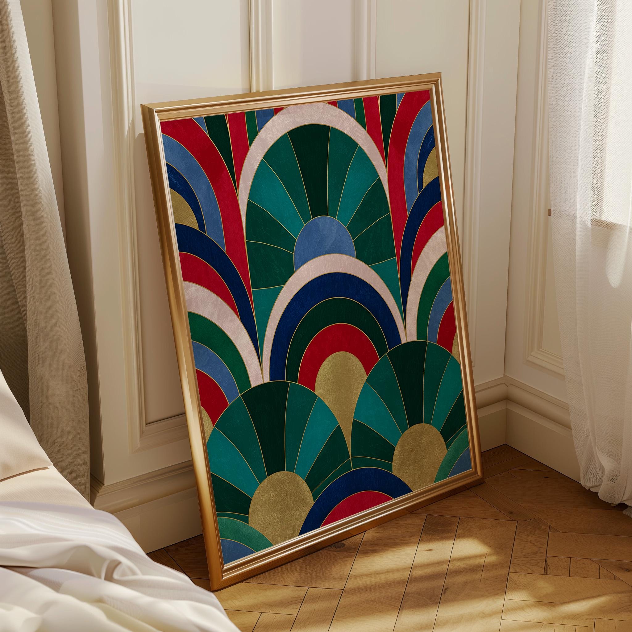 Emerald Green, Blue & Gold Abstract Art Deco Geometric Fan Wall Art by The Wall Art Studio