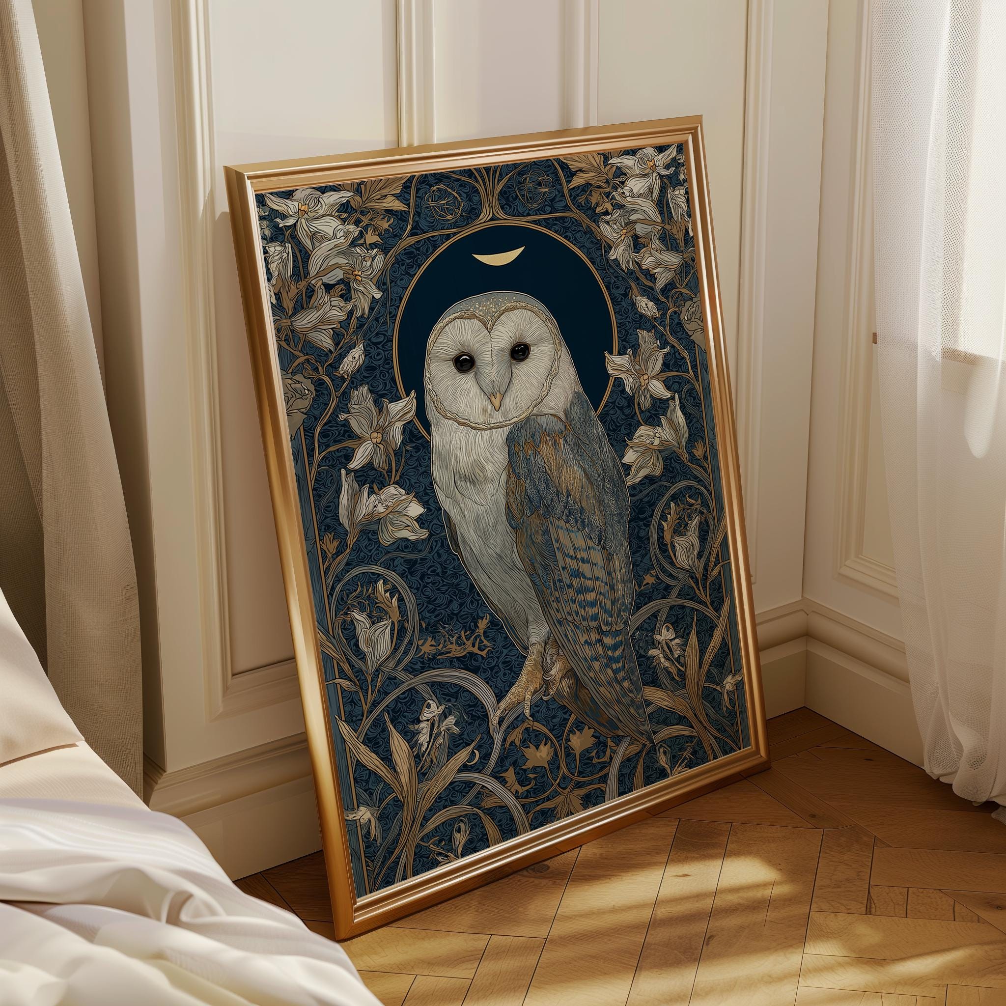 Art Nouveau Barn Owl Botanical William Morris Style Wall Art
