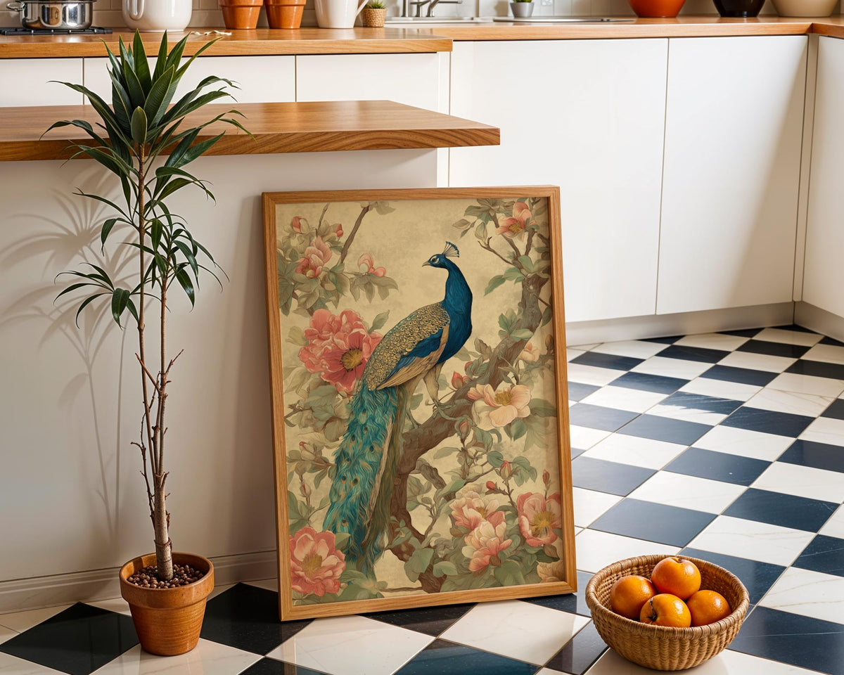 Elegant Chinoiserie Peacock Peony Vintage Asian Floral Wall Art by The Wall Art Studio - physical
