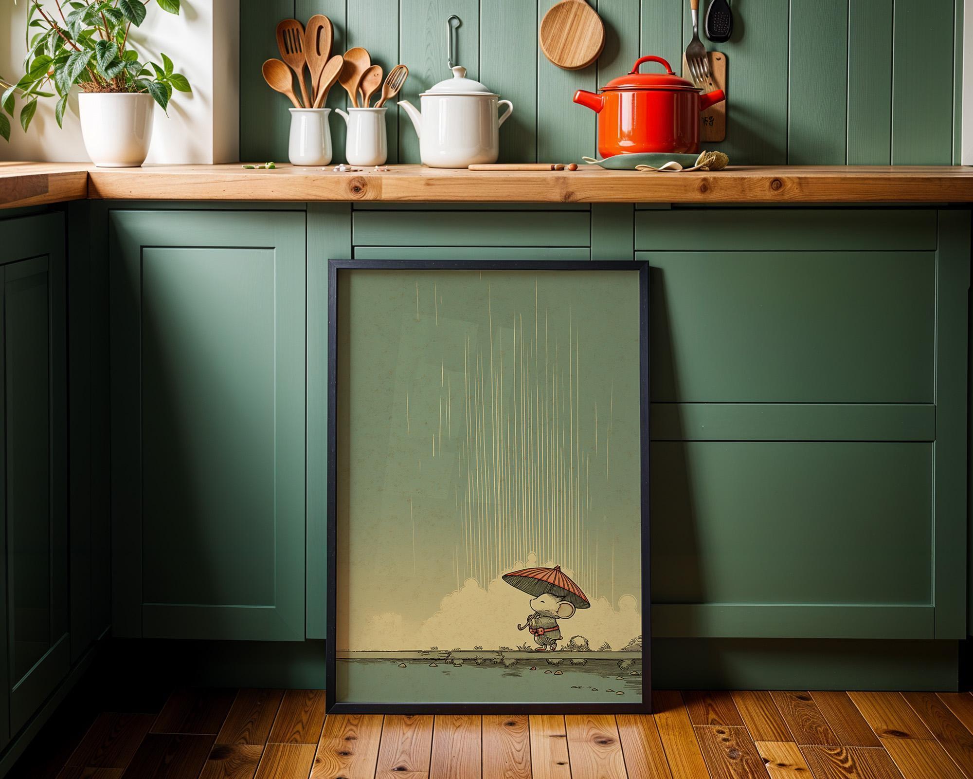 Mouse With Umbrella Cute Rainy Nursery Wall Art by The Wall Art Studio
