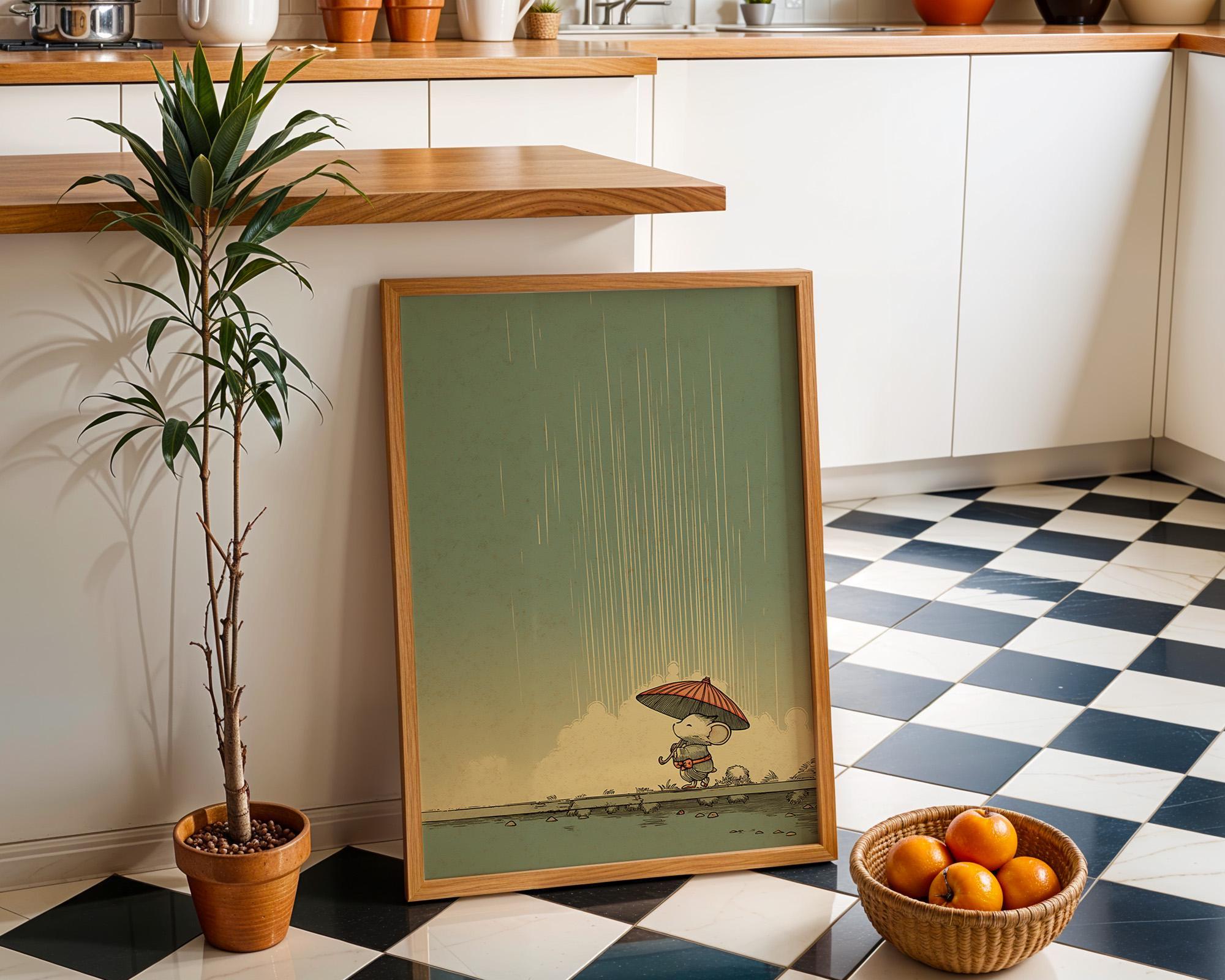 Mouse With Umbrella Cute Rainy Nursery Wall Art by The Wall Art Studio