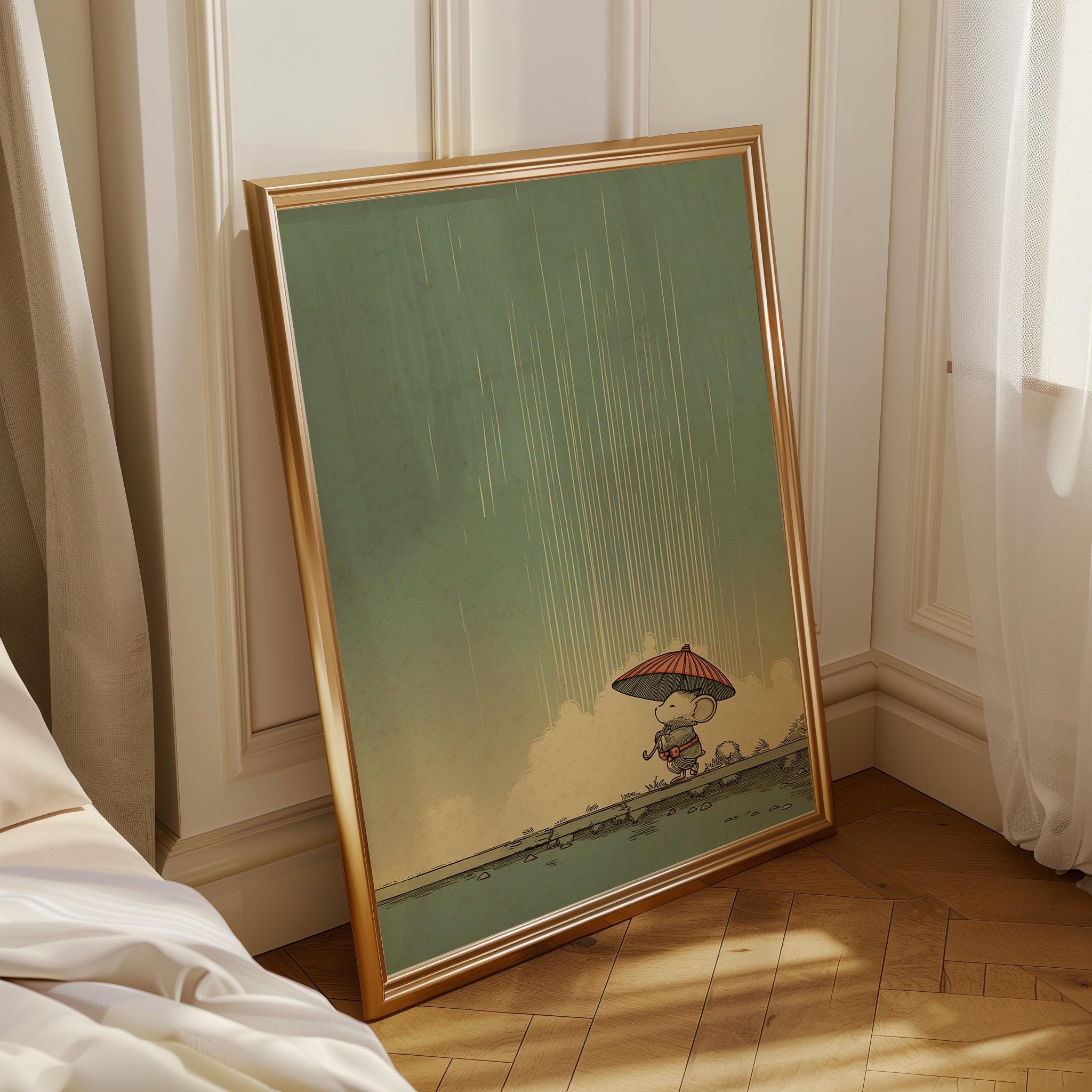 Mouse With Umbrella Cute Rainy Nursery Wall Art by The Wall Art Studio