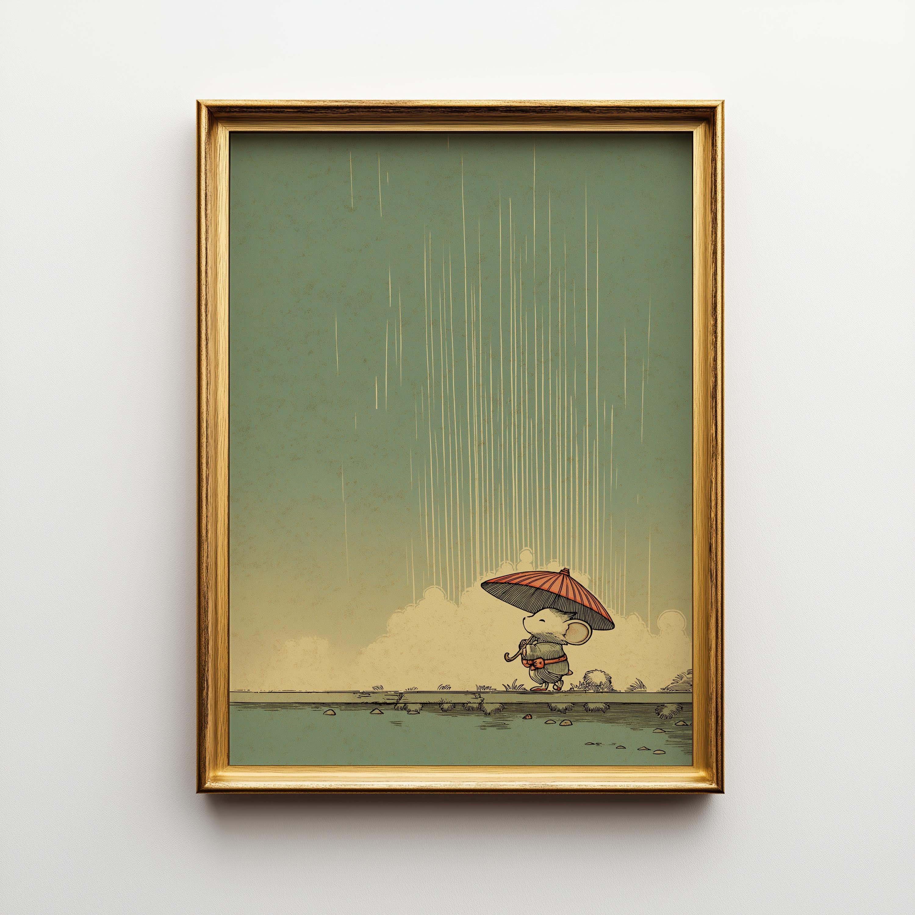 Mouse With Umbrella Cute Rainy Nursery Wall Art by The Wall Art Studio