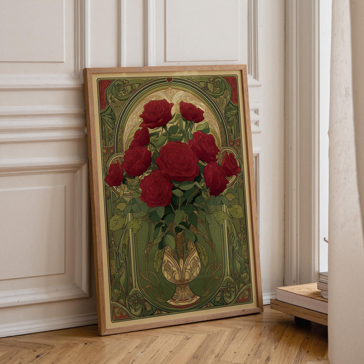 Art Nouveau Red Rose Vintage Floral Antique Style Wall Art by The Wall Art Studio
