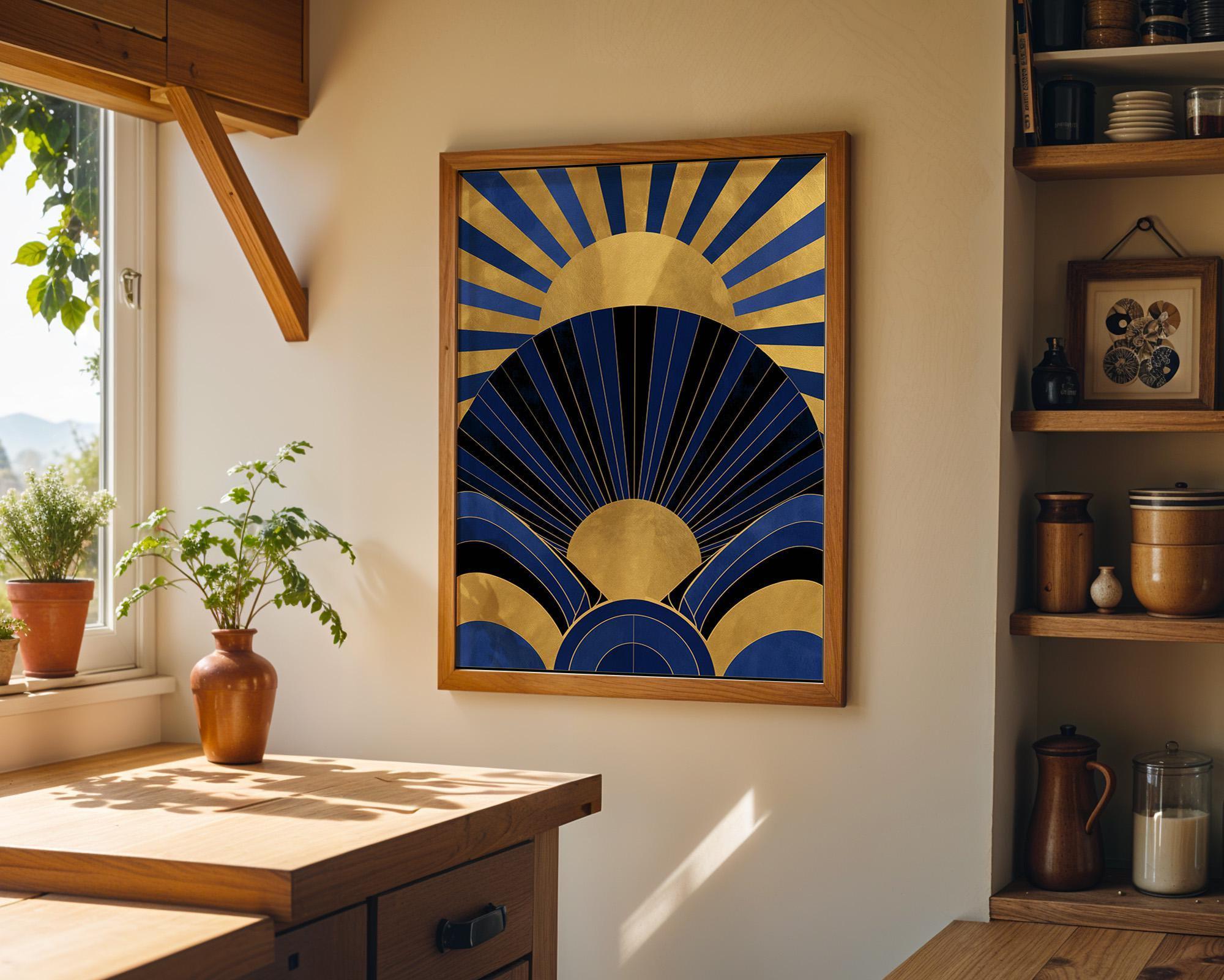 Navy Blue & Gold Neo Deco Sunburst Wall Art by The Wall Art Studio