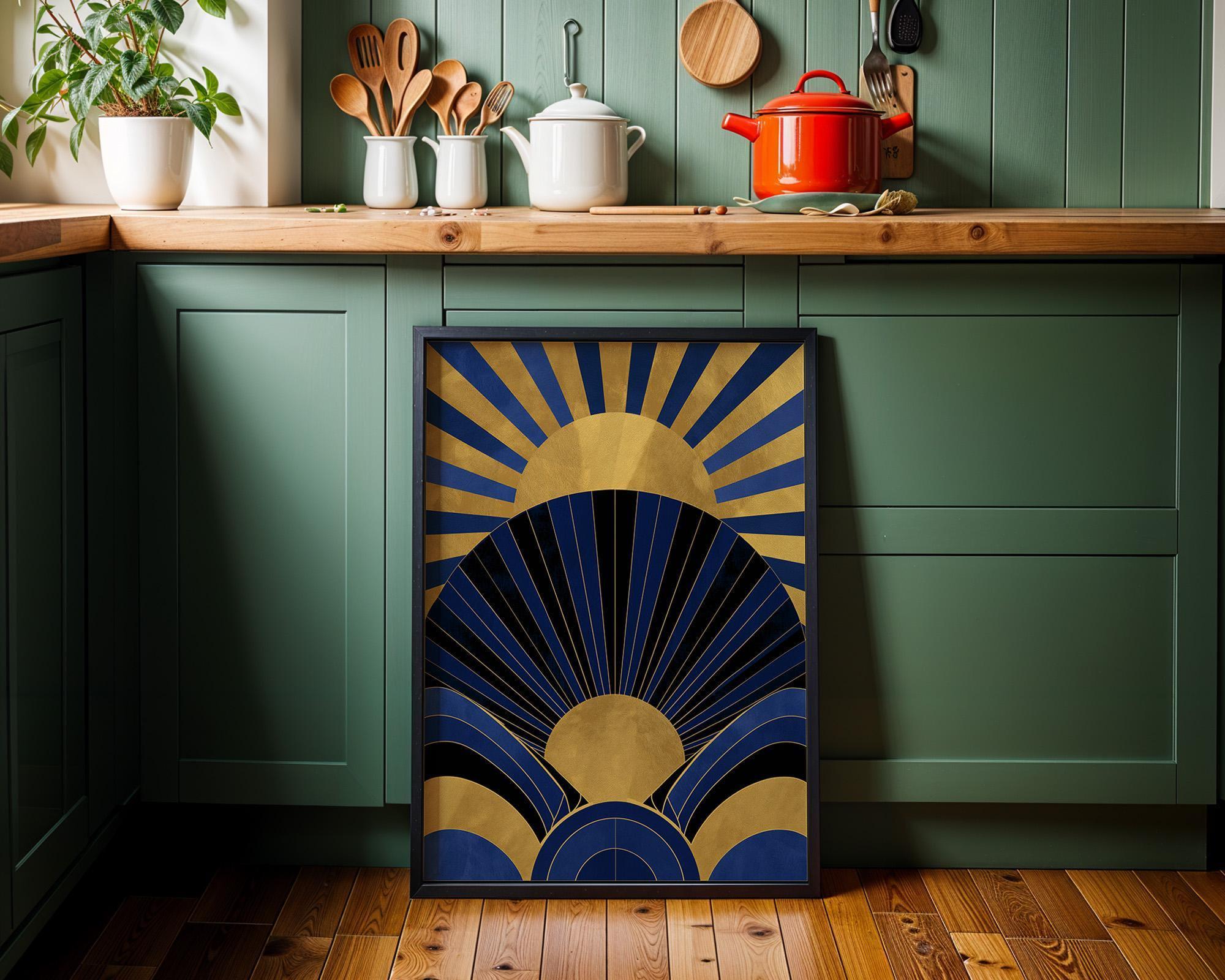 Navy Blue & Gold Neo Deco Sunburst Wall Art by The Wall Art Studio