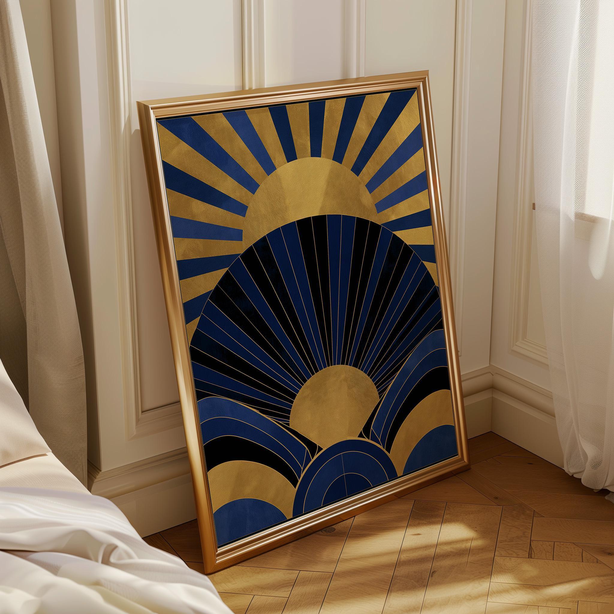 Navy Blue & Gold Neo Deco Sunburst Wall Art by The Wall Art Studio