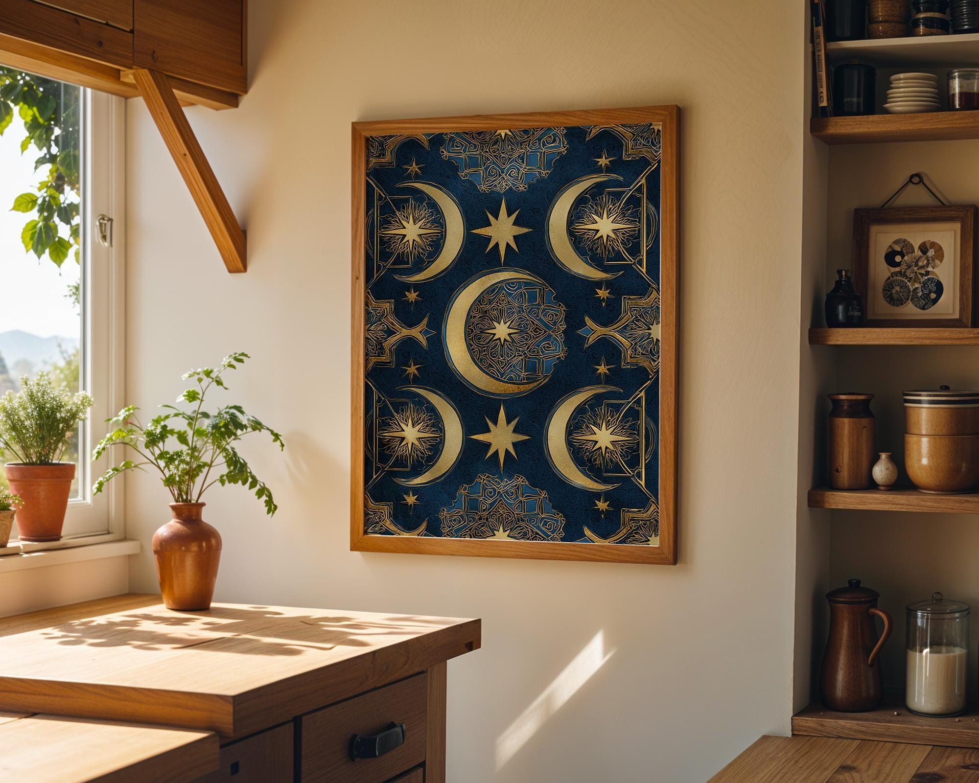 Islamic Crescent Moon Celestial Ramadan Eid Blue & Gold Wall Art by The Wall Art Studio