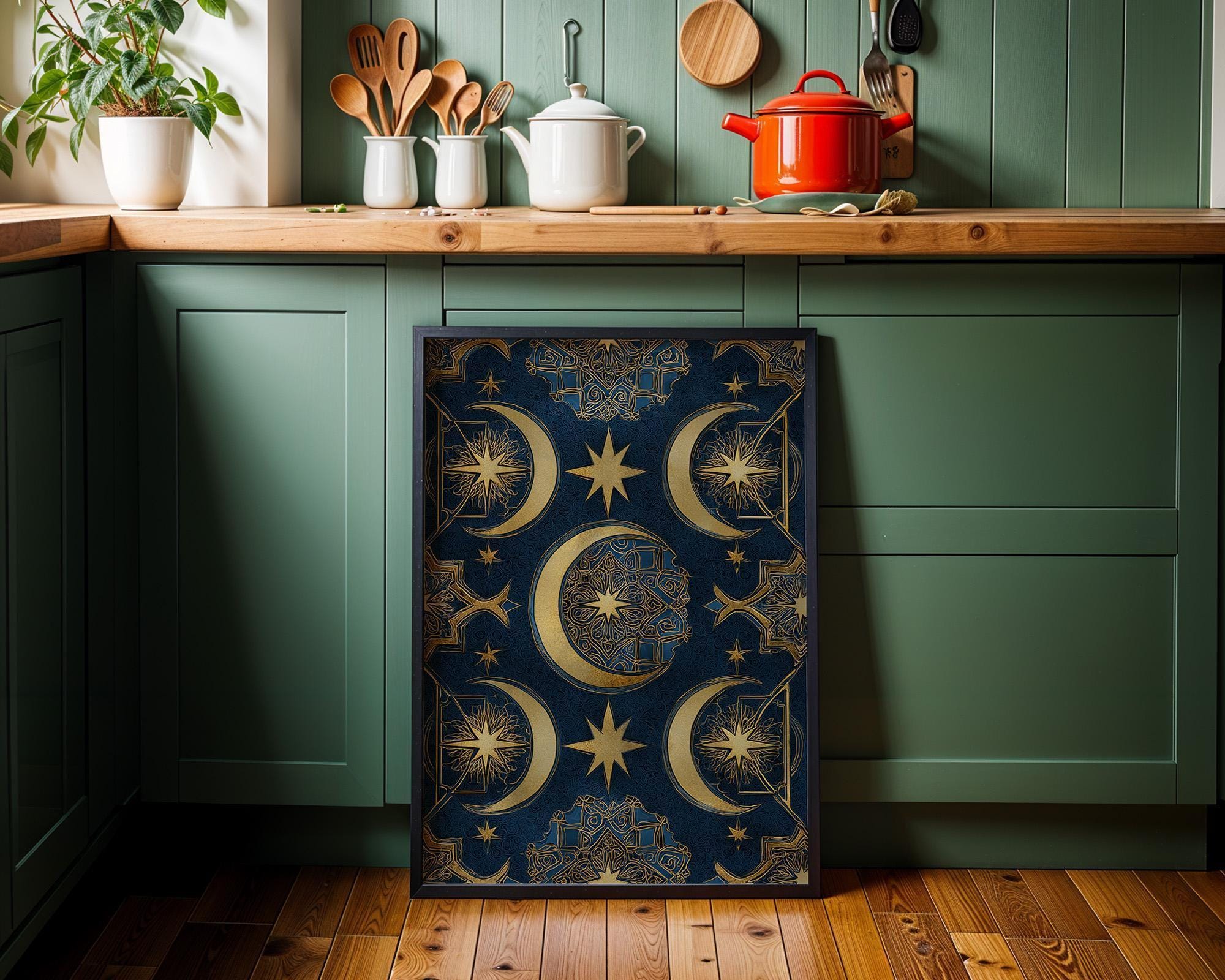 Islamic Crescent Moon Celestial Ramadan Eid Blue & Gold Wall Art by The Wall Art Studio
