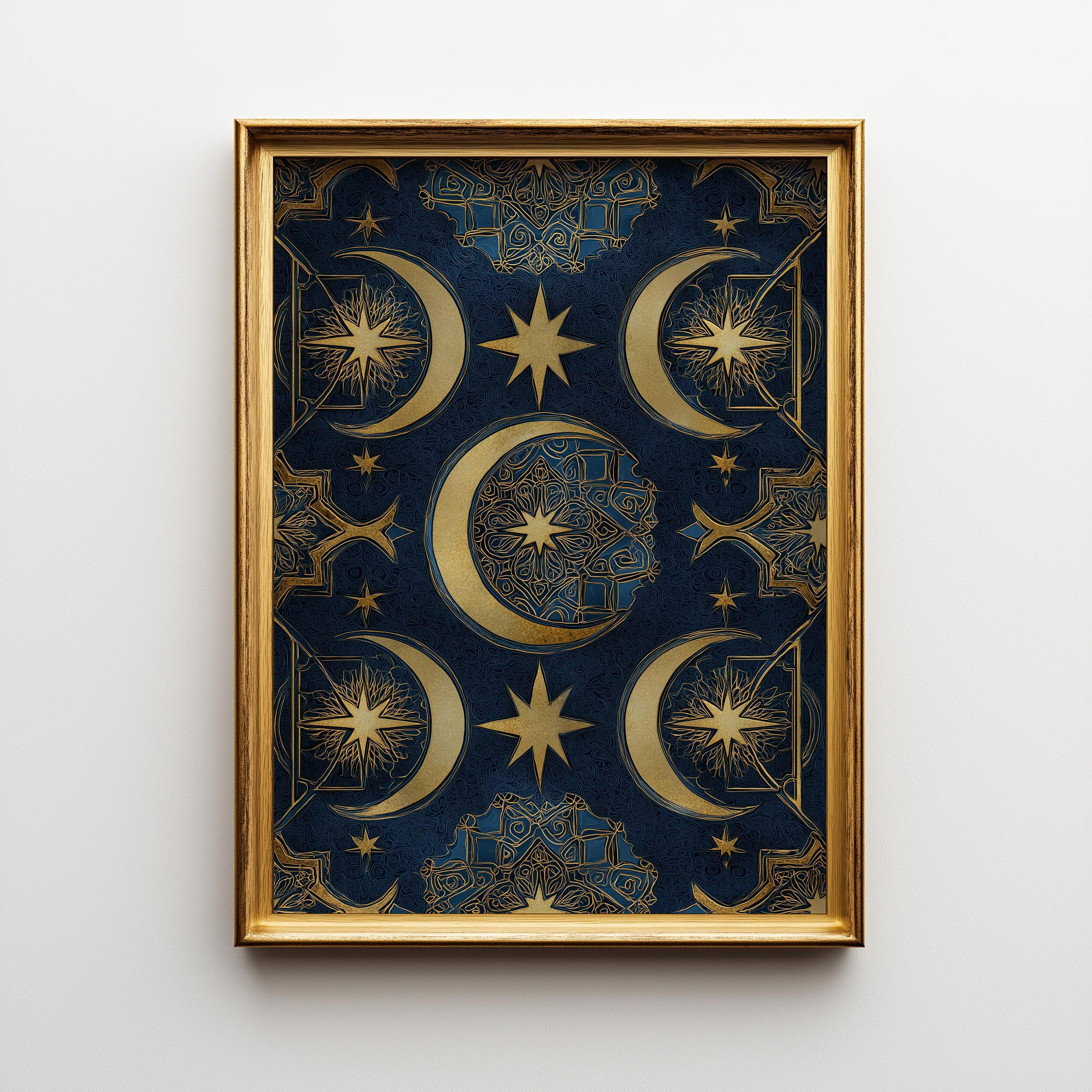 Islamic Crescent Moon Celestial Ramadan Eid Blue & Gold Wall Art by The Wall Art Studio