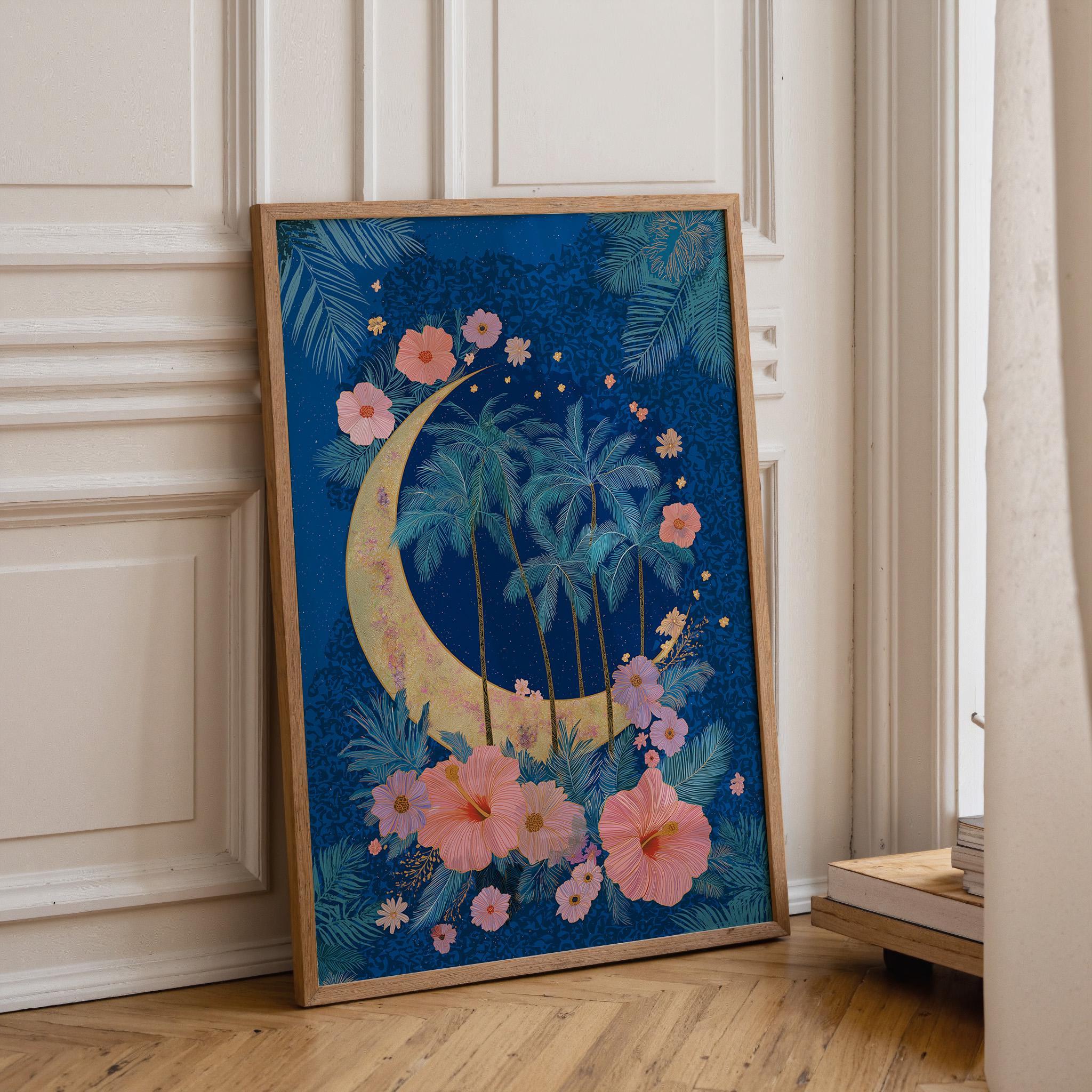 Blue Palm Tree Moon Celestial Tropical Boho Night Sky Wall Art by The Wall Art Studio