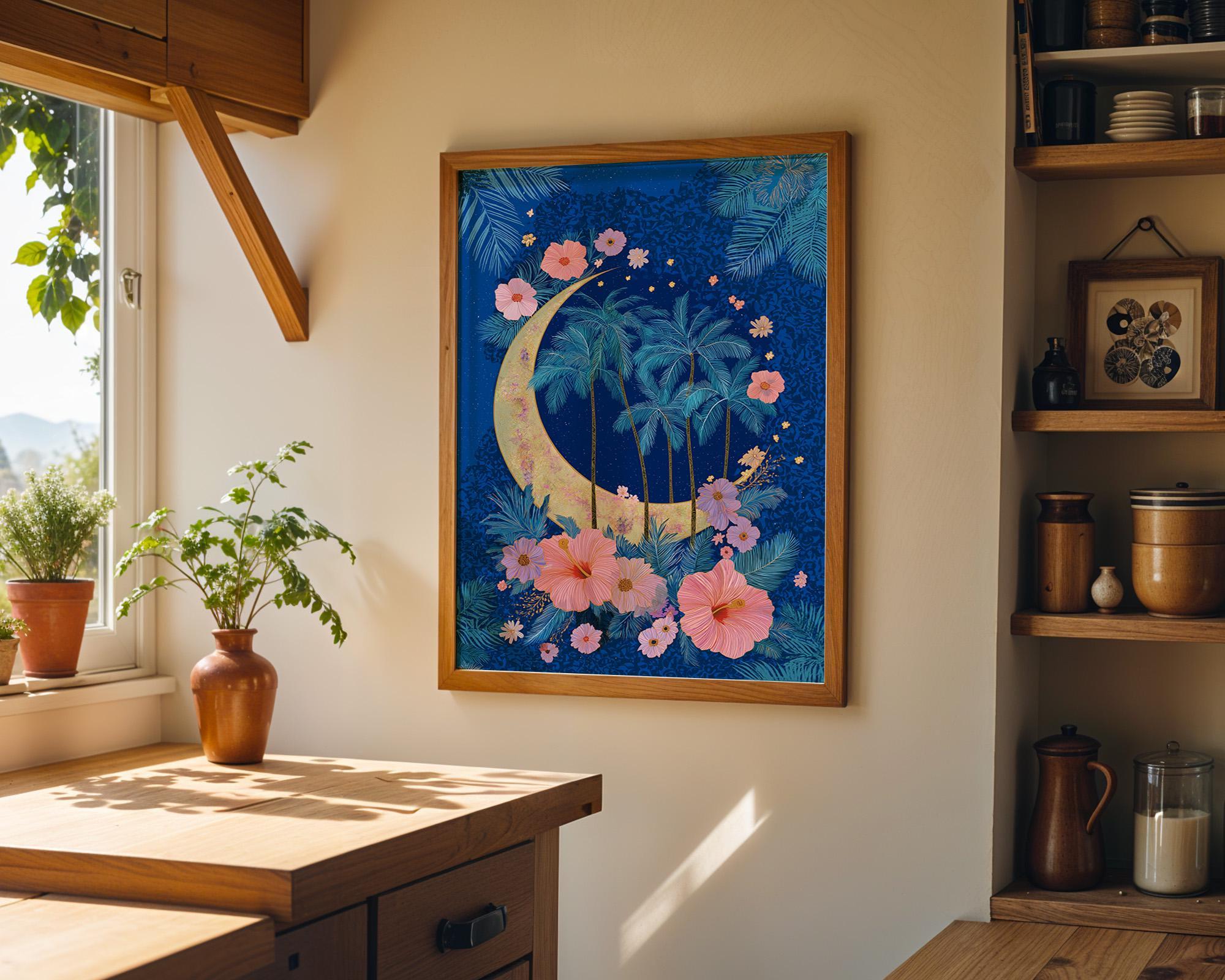 Blue Palm Tree Moon Celestial Tropical Boho Night Sky Wall Art by The Wall Art Studio