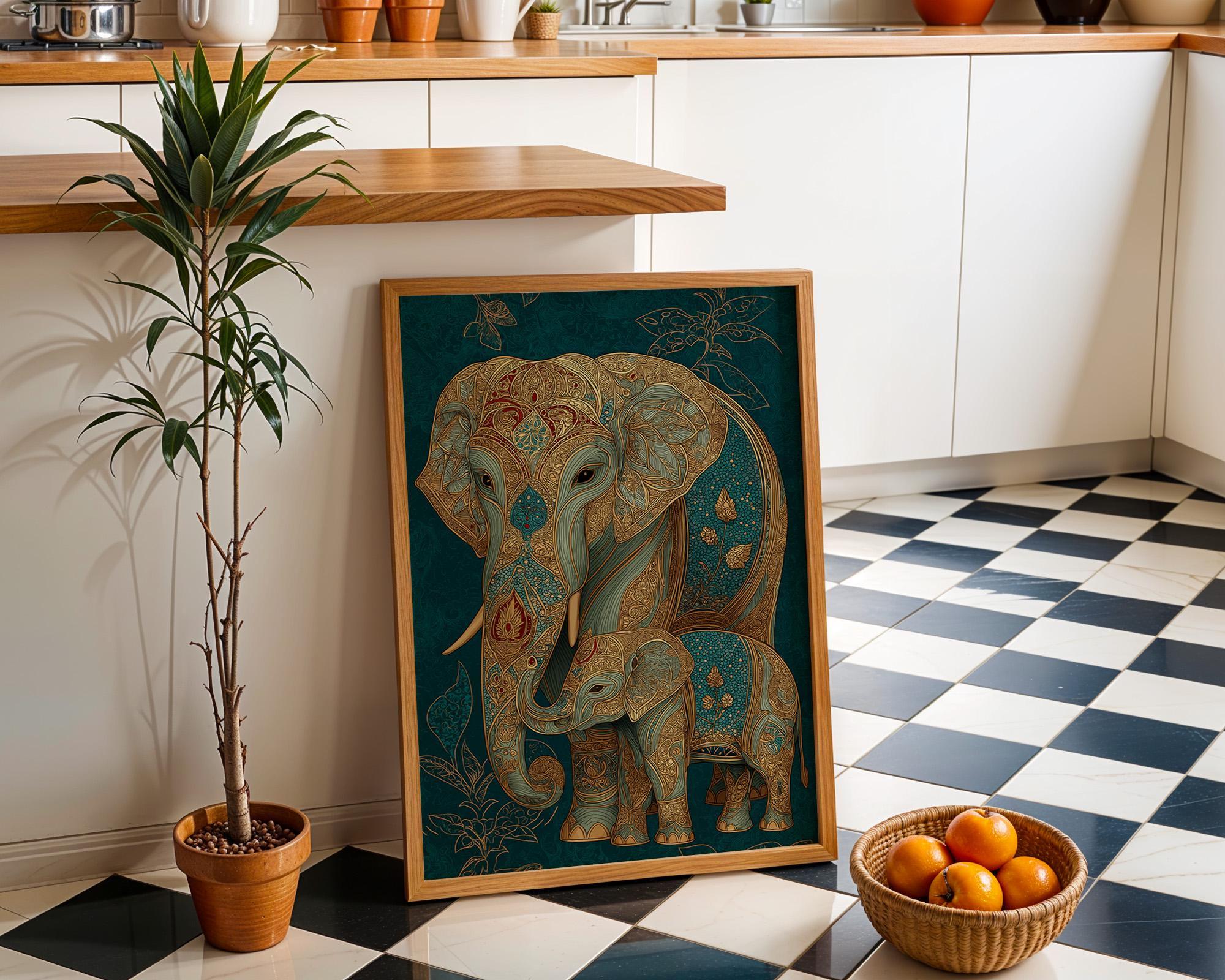 Teal Elephant Ornate Boho Safari Animal Wall Art
