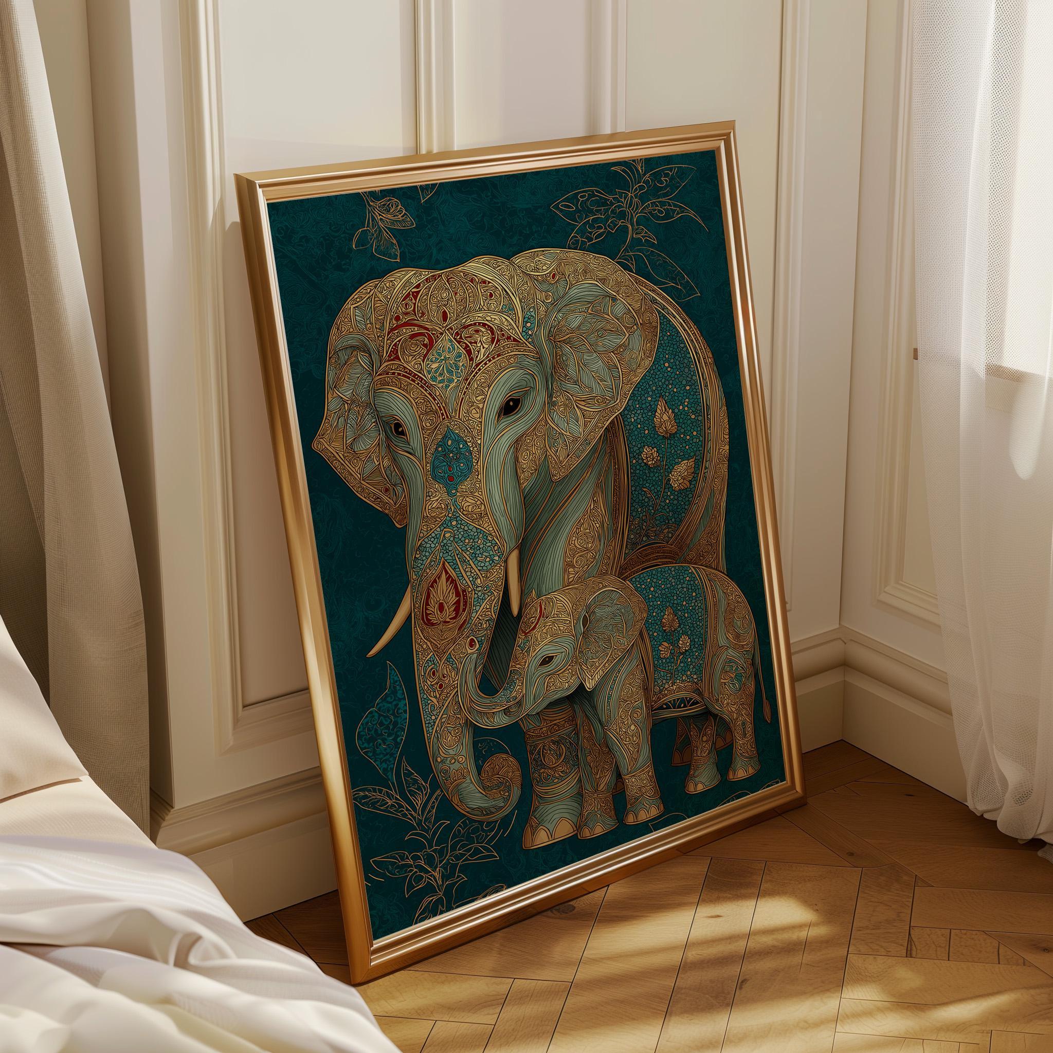 Teal Elephant Ornate Boho Safari Animal Wall Art