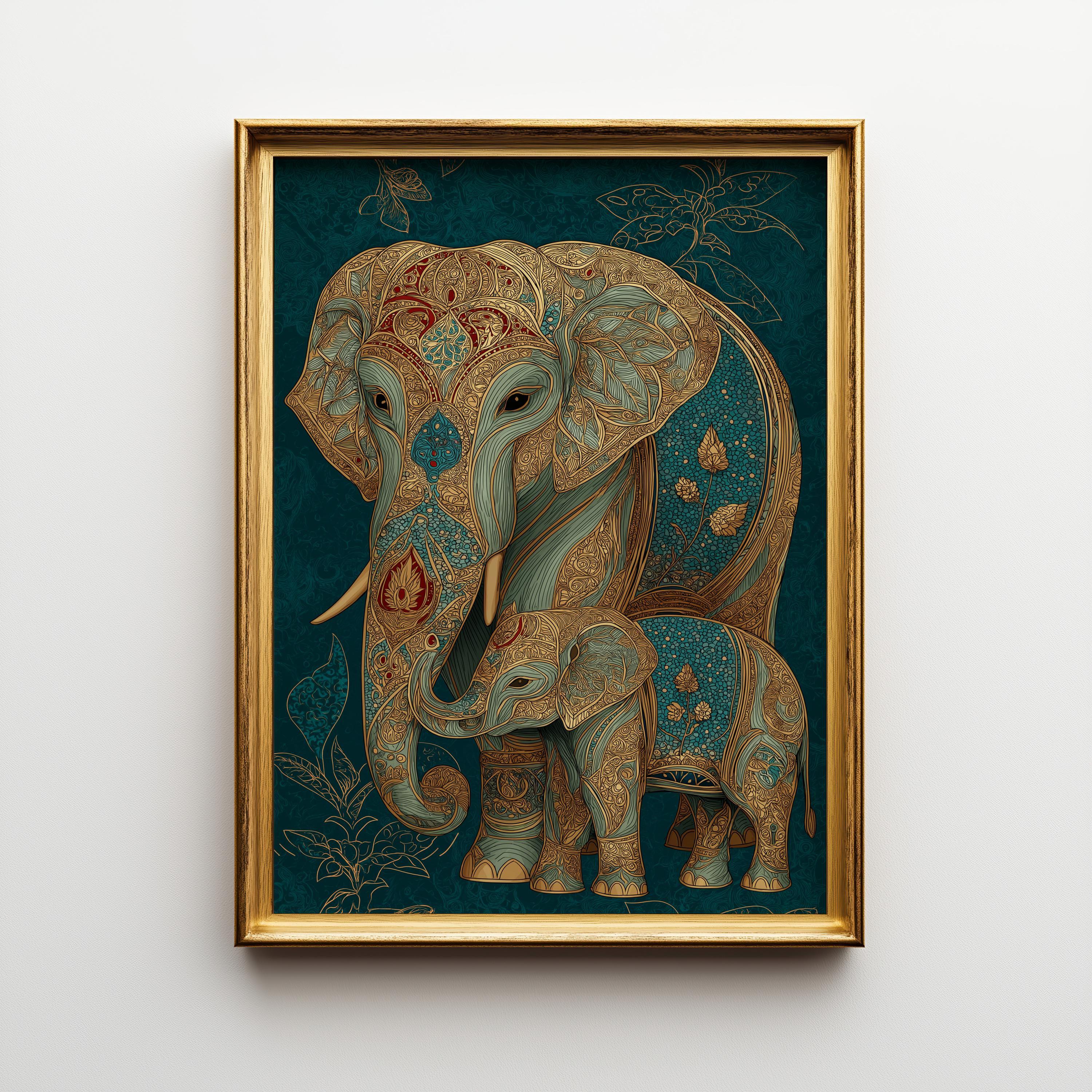 Teal Elephant Ornate Boho Safari Animal Wall Art