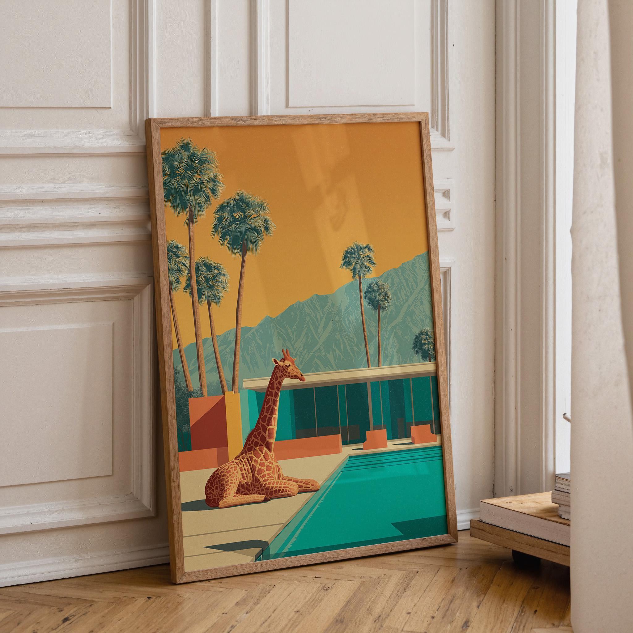 Mid Century Modern Springs Giraffe in Pool Retro Desert Landscape Wall Art by The Wall Art Studio - physical