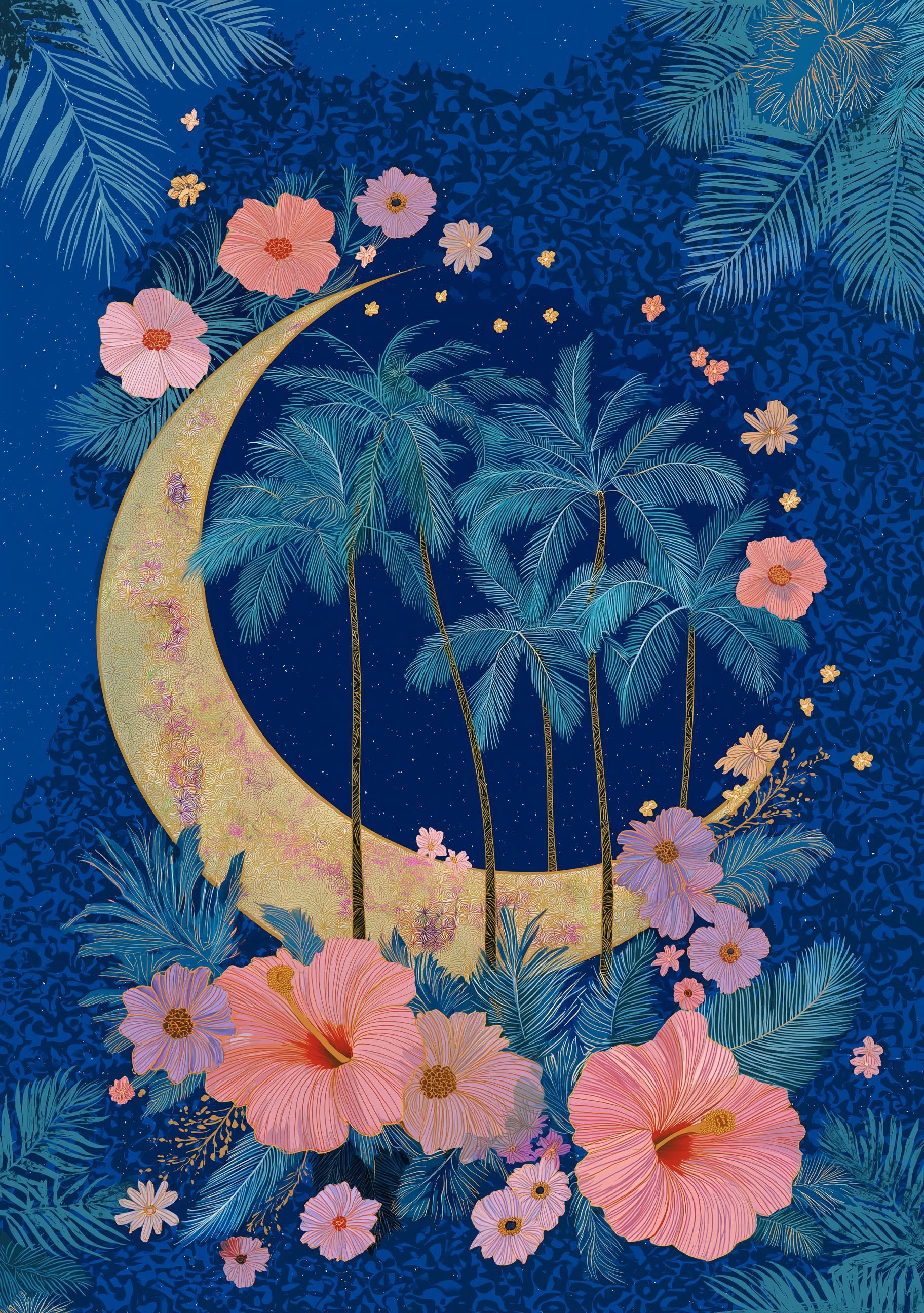 Blue Palm Tree Moon Celestial Tropical Boho Night Sky Wall Art by The Wall Art Studio