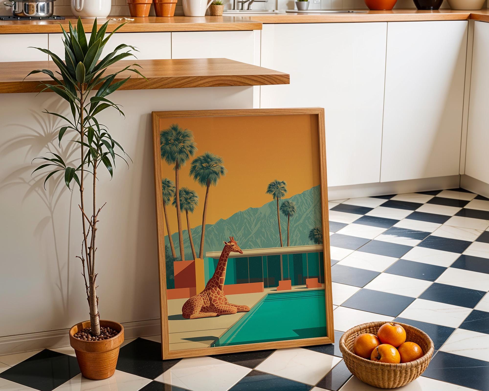 Mid Century Modern Springs Giraffe in Pool Retro Desert Landscape Wall Art by The Wall Art Studio - physical