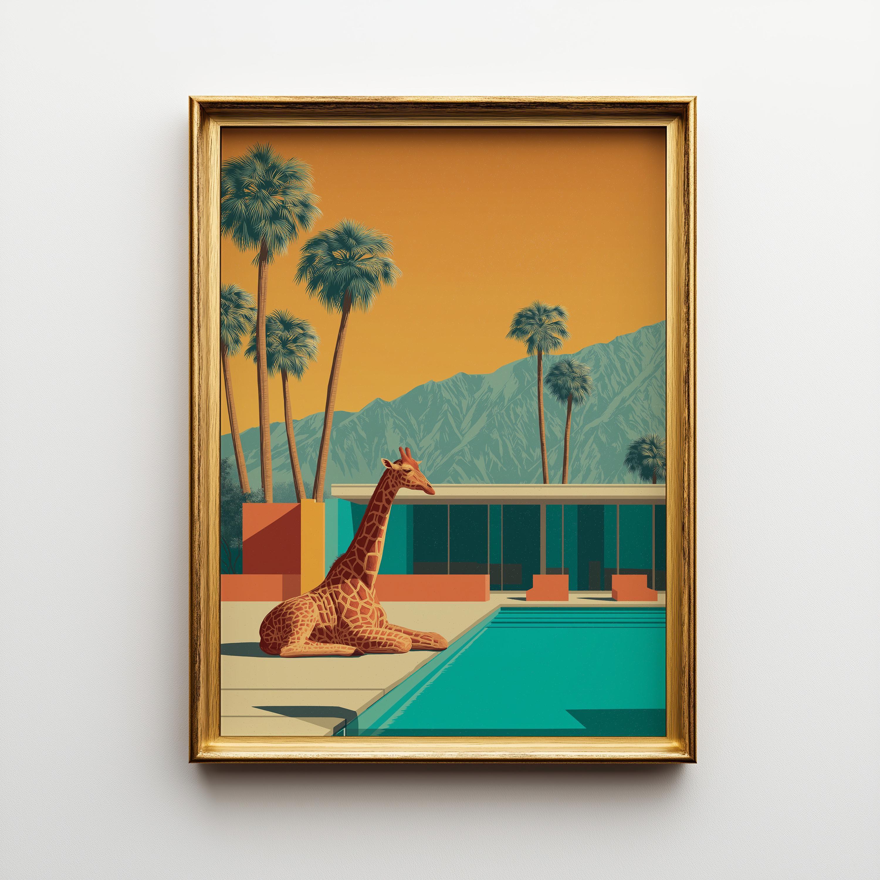 Mid Century Modern Springs Giraffe in Pool Retro Desert Landscape Wall Art by The Wall Art Studio - physical