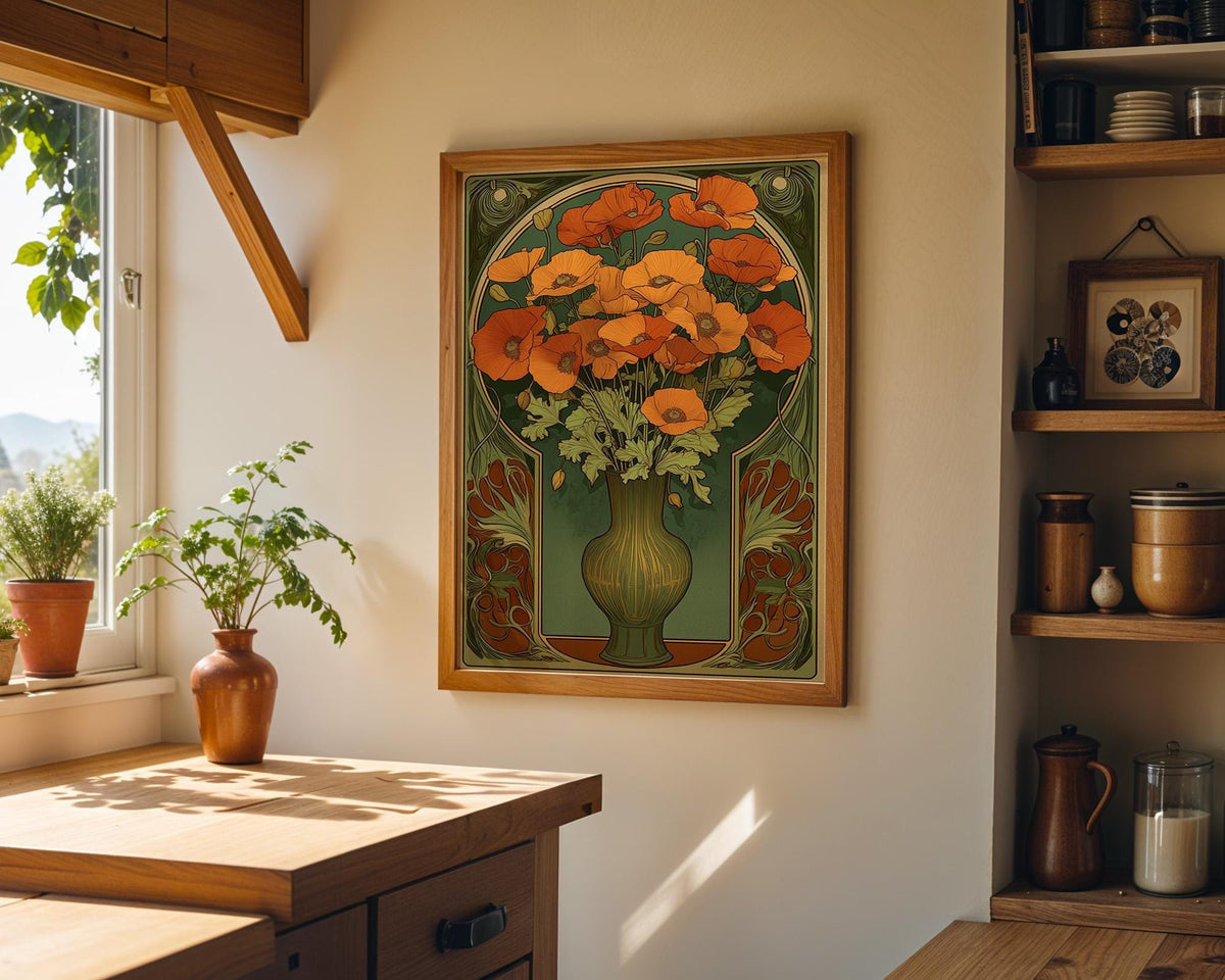 Art Nouveau Orange Poppy Flower Wall Art by The Wall Art Studio