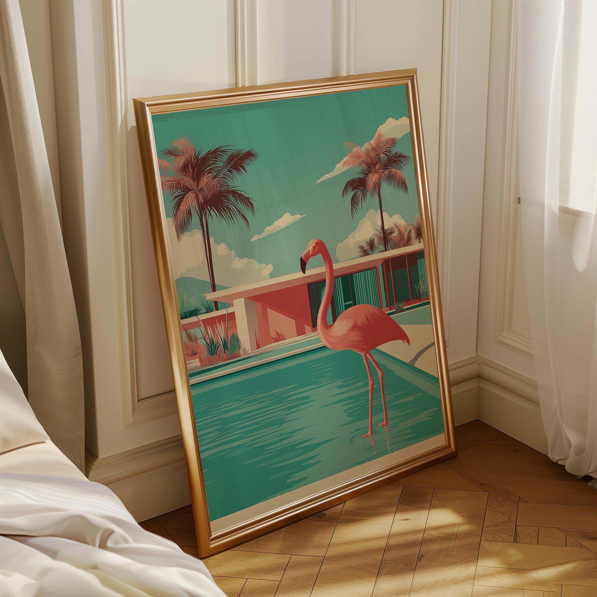 Mid Century Modern Flamingo in Pool Palm Springs Retro Wall Art by The Wall Art Studio - physical
