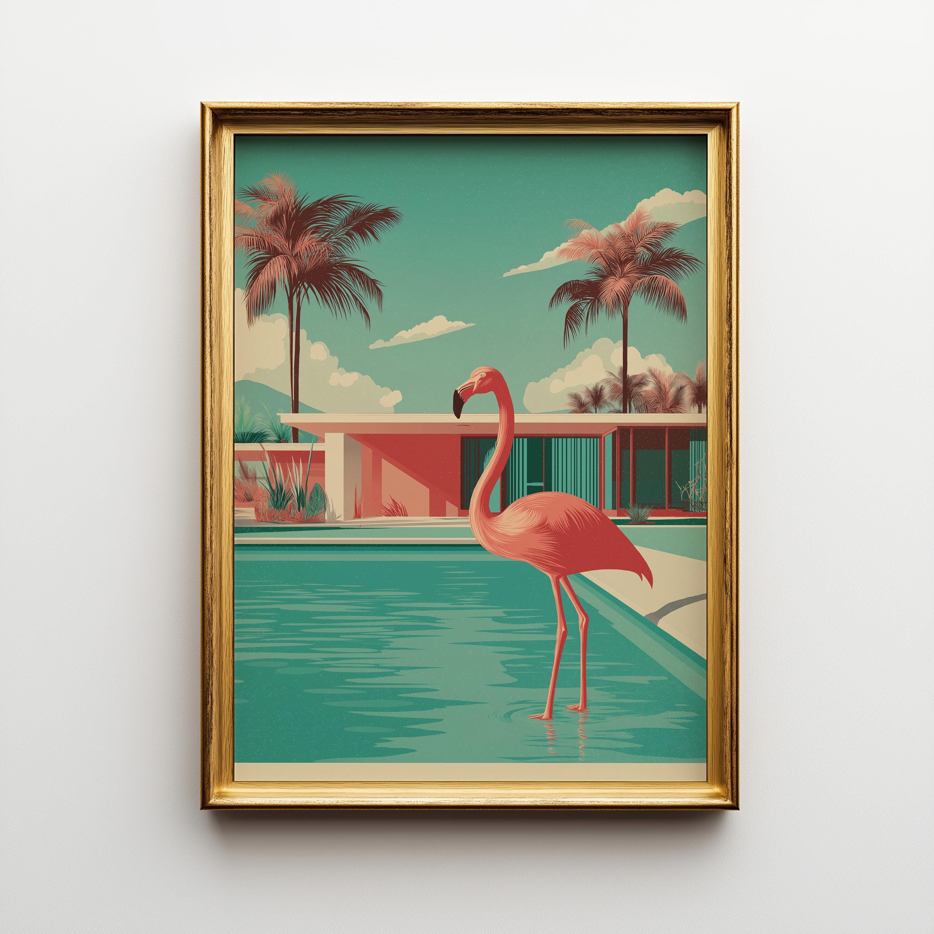 Mid Century Modern Flamingo in Pool Palm Springs Retro Wall Art by The Wall Art Studio - physical