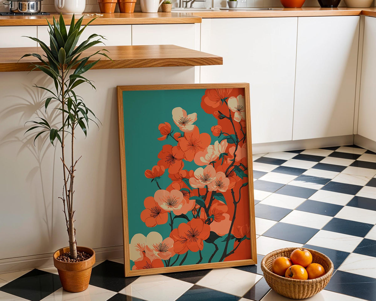 Cherry Blossom Bold Floral Teal and Orange Modern Japandi Wall Art