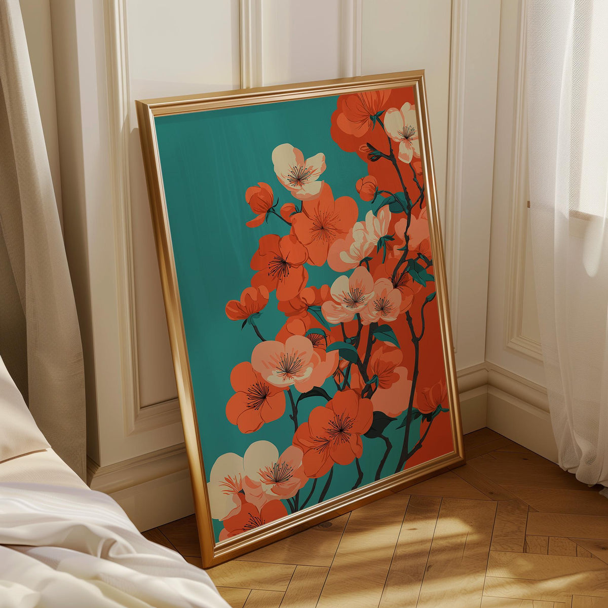 Cherry Blossom Bold Floral Teal and Orange Modern Japandi Wall Art