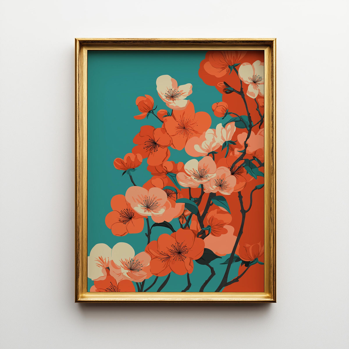 Cherry Blossom Bold Floral Teal and Orange Modern Japandi Wall Art